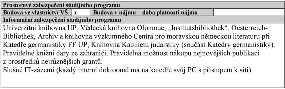 německou literaturu při Katedře germanistiky FF UP, Knihovna Kabinetu judaistiky (součást Katedry germanistiky). Pravidelné knižní dary ze zahraničí.