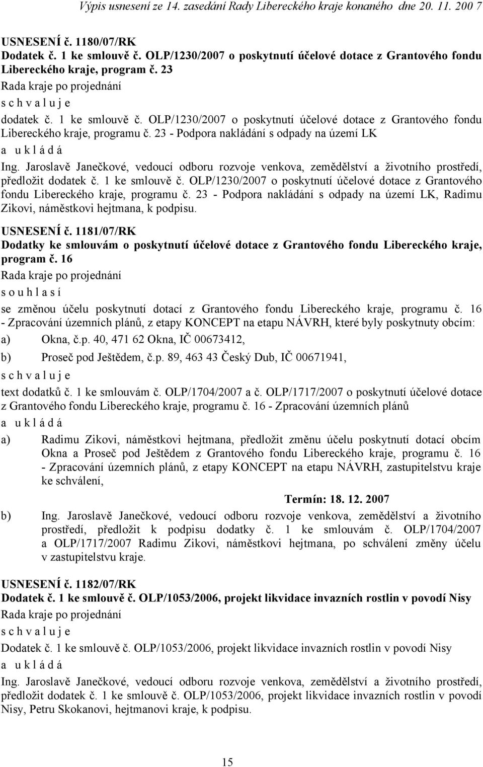 OLP/1230/2007 o poskytnutí účelové dotace z Grantového fondu Libereckého kraje, programu č. 23 - Podpora nakládání s odpady na území LK, Radimu Zikovi, náměstkovi hejtmana, k podpisu. USNESENÍ č.