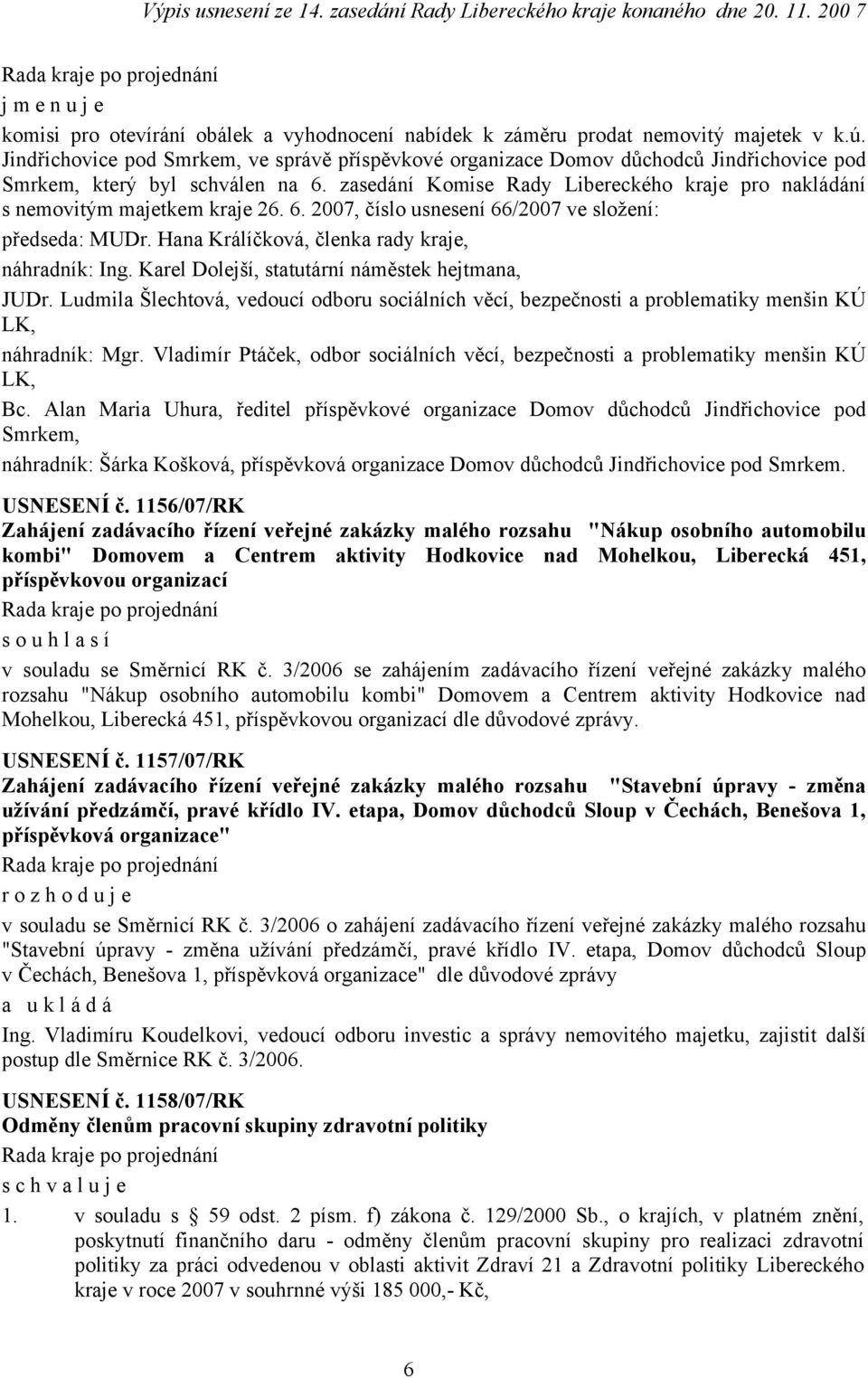 zasedání Komise Rady Libereckého kraje pro nakládání s nemovitým majetkem kraje 26. 6. 2007, číslo usnesení 66/2007 ve složení: předseda: MUDr. Hana Králíčková, členka rady kraje, náhradník: Ing.