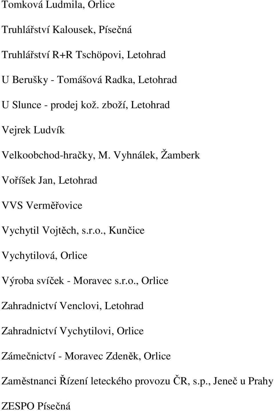 Vyhnálek, Žamberk Voříšek Jan, Letohrad VVS Verměřovice Vychytil Vojtěch, s.r.o., Kunčice Vychytilová, Orlice Výroba svíček - Moravec s.