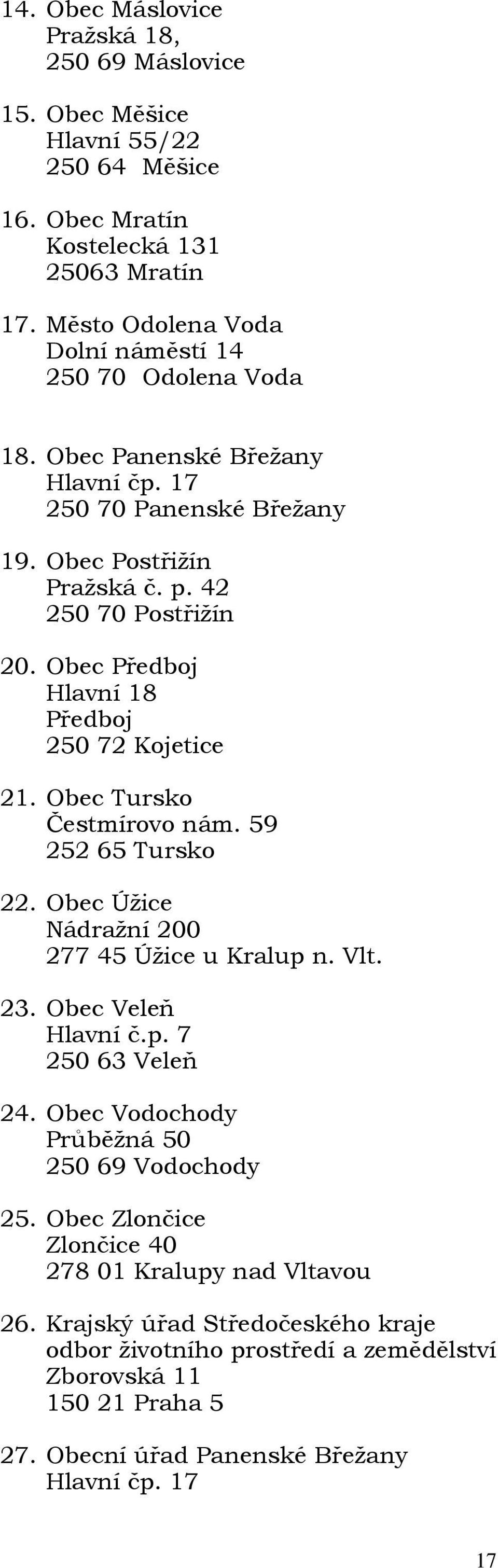 Obec Předboj Hlavní 18 Předboj 250 72 Kojetice 21. Obec Tursko Čestmírovo nám. 59 252 65 Tursko 22. Obec Úžice Nádražní 200 277 45 Úžice u Kralup n. Vlt. 23. Obec Veleň Hlavní č.p. 7 250 63 Veleň 24.