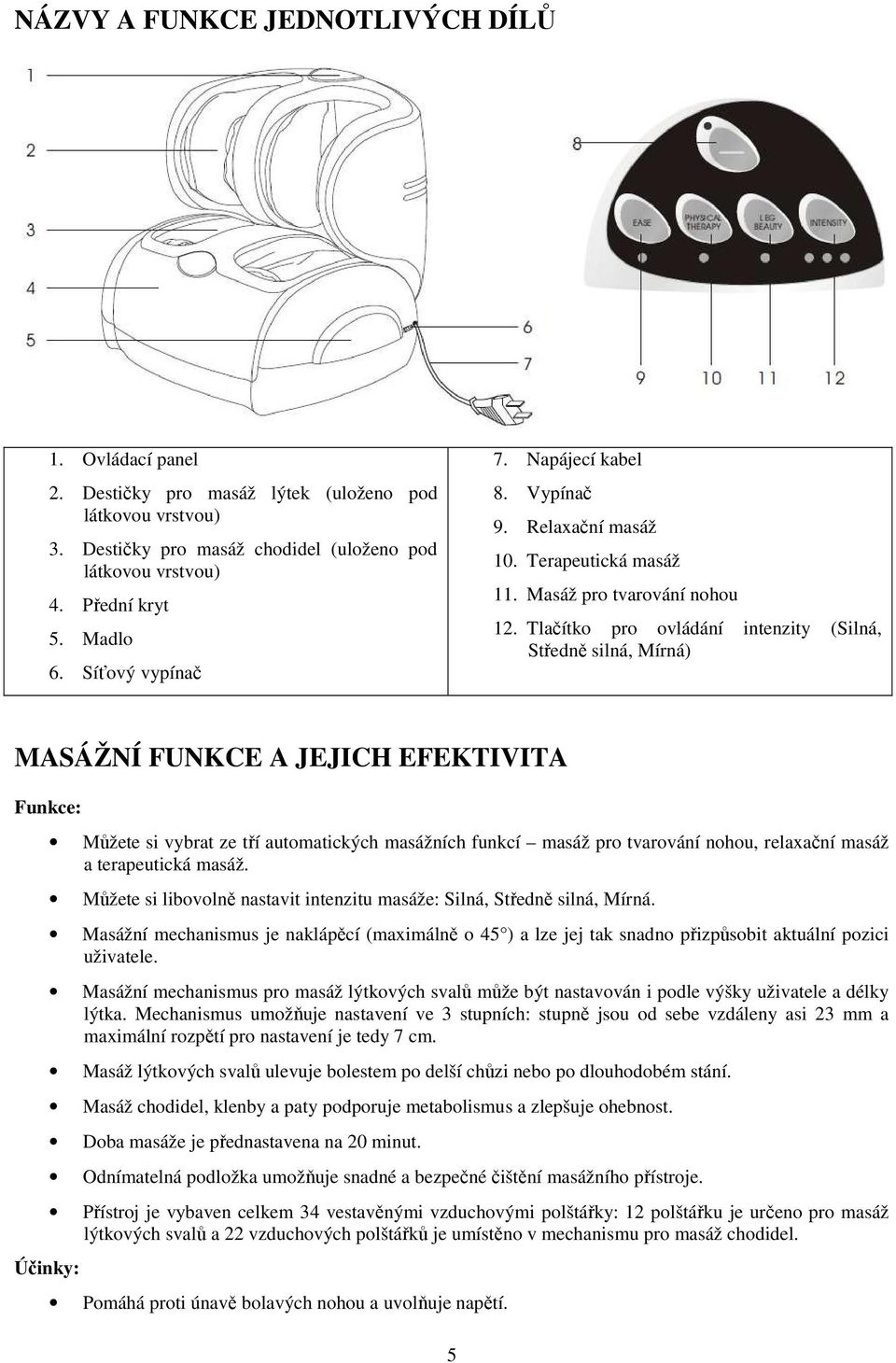 Tlačítko pro ovládání intenzity (Silná, Středně silná, Mírná) MASÁŽNÍ FUNKCE A JEJICH EFEKTIVITA Funkce: Účinky: Můžete si vybrat ze tří automatických masážních funkcí masáž pro tvarování nohou,