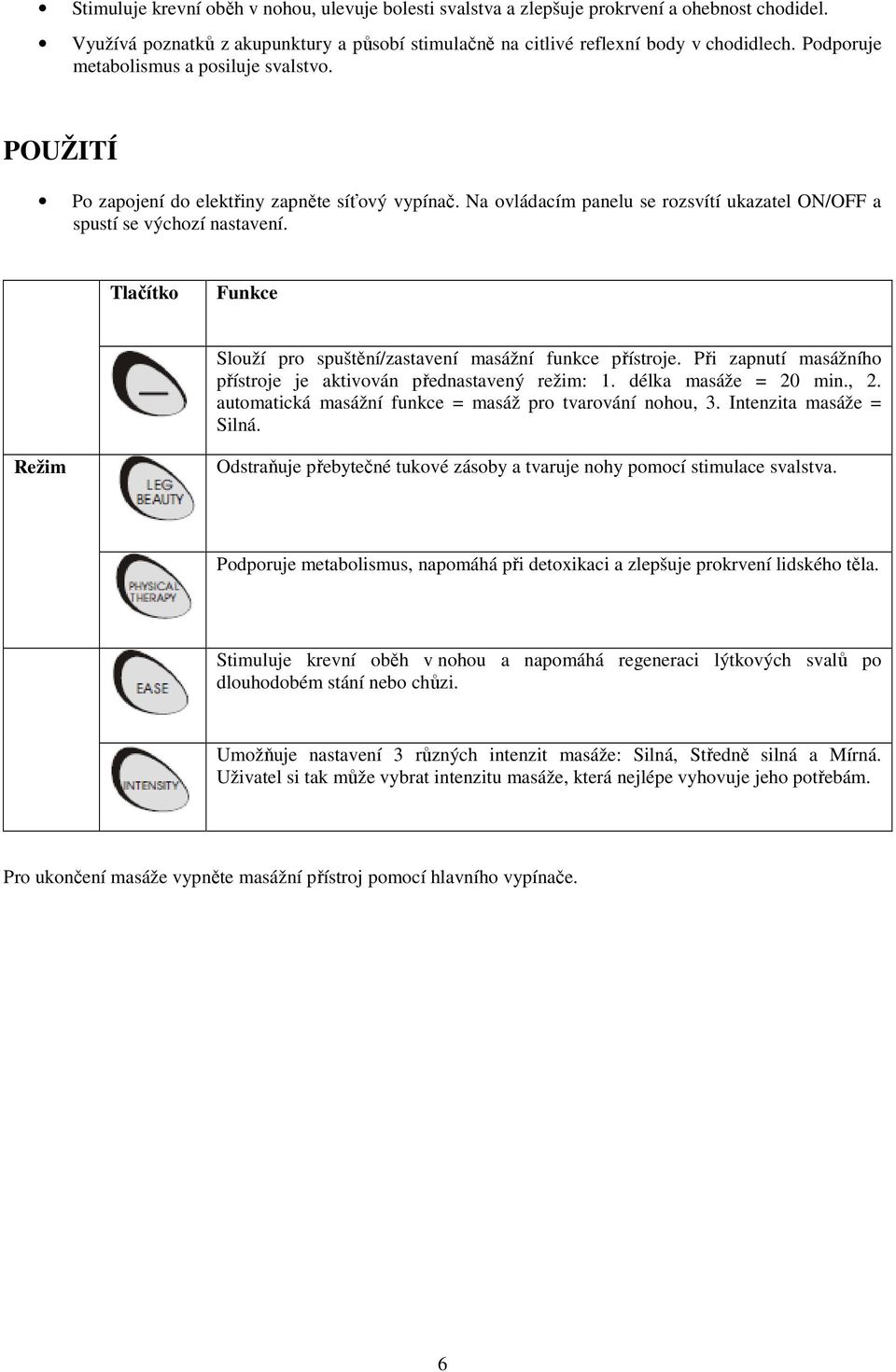 Tlačítko Funkce Slouží pro spuštění/zastavení masážní funkce přístroje. Při zapnutí masážního přístroje je aktivován přednastavený režim: 1. délka masáže = 20 min., 2.