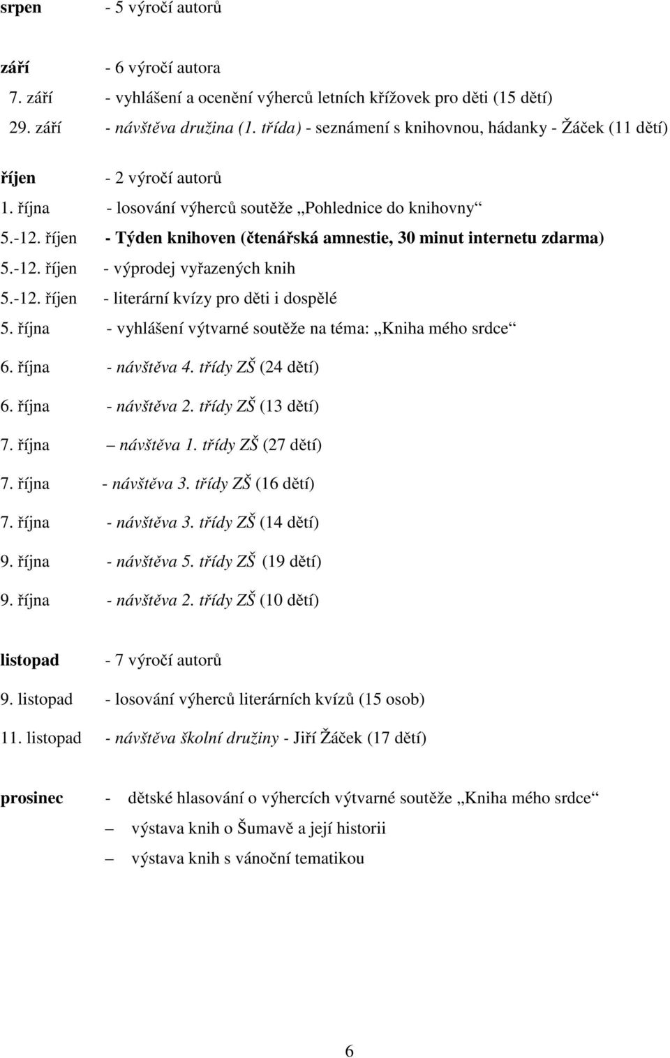 říjen - Týden knihoven (čtenářská amnestie, 30 minut internetu zdarma) 5.-12. říjen - výprodej vyřazených knih 5.-12. říjen - literární kvízy pro děti i dospělé 5.