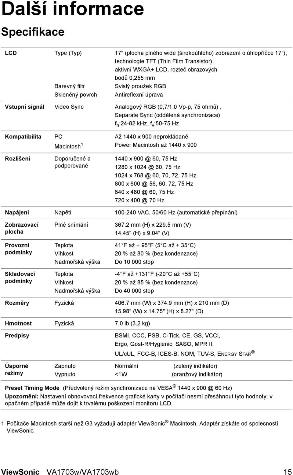 :50-75 Hz Kompatibilita Rozlišeni PC Macintosh 1 Doporučené a podporované Až 1440 x 900 neprokládaně Power Macintosh až 1440 x 900 1440 x 900 @ 60, 75 Hz 1280 x 1024 @ 60, 75 Hz 1024 x 768 @ 60, 70,