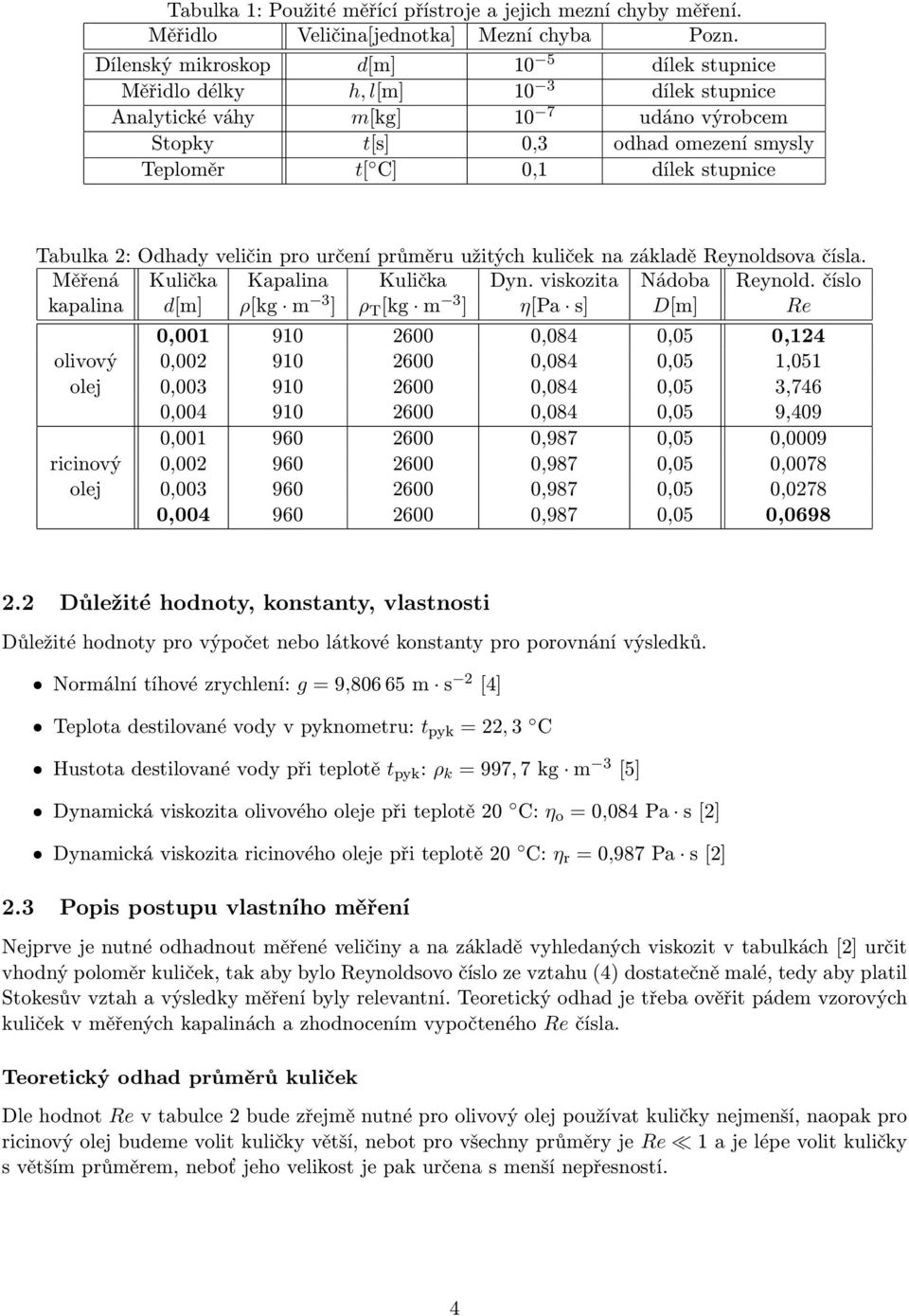 Tabulka 2: Odhady veličin pro určení průměru užitých kuliček na základě Reynoldsova čísla. Měřená Kulička Kapalina Kulička Dyn. viskozita Nádoba Reynold.