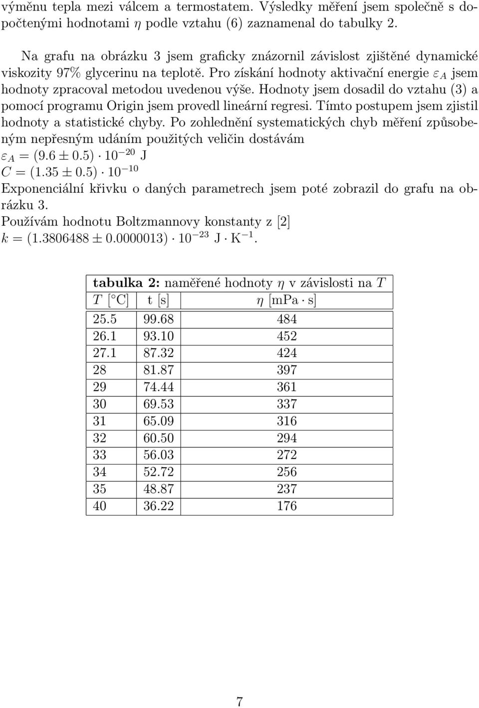 Hodnoty jsem dosadil do vztahu (3) a pomocí programu Origin jsem provedl lineární regresi. Tímto postupem jsem zjistil hodnoty a statistické chyby.