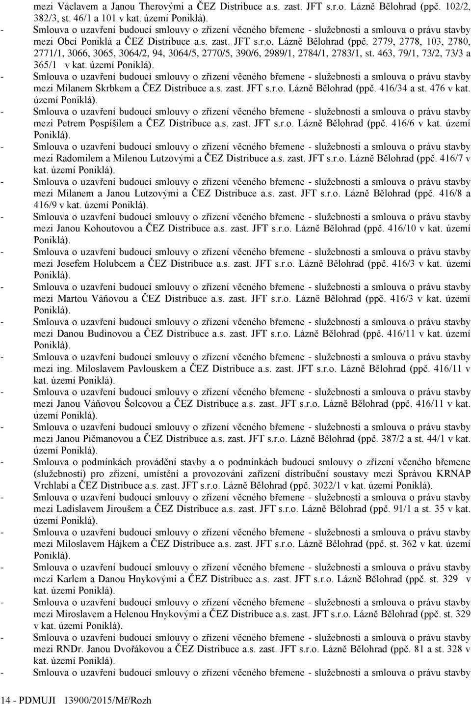 území mezi Radomilem a Milenou Lutzovými a ČEZ Distribuce a.s. zast. JFT s.r.o. Lázně Bělohrad (ppč. 416/7 v kat. území mezi Milanem a Janou Lutzovými a ČEZ Distribuce a.s. zast. JFT s.r.o. Lázně Bělohrad (ppč. 416/8 a 416/9 v kat.