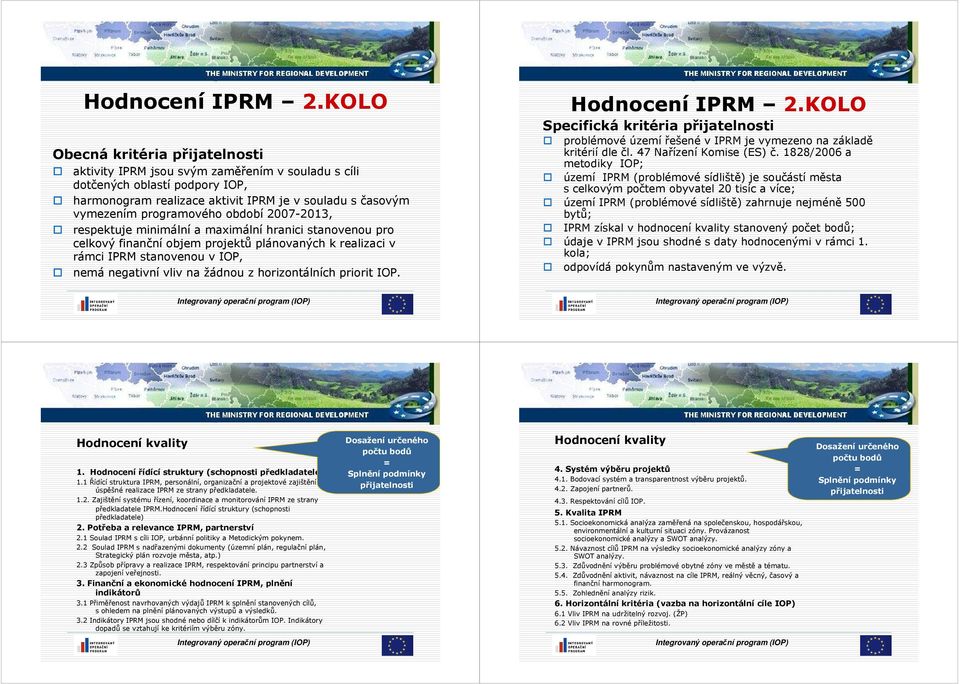 období 2007-2013, respektuje minimální a maximální hranici stanovenou pro celkový finanční objem projektů plánovaných k realizaci v rámci IPRM stanovenou v IOP, nemá negativní vliv na žádnou z