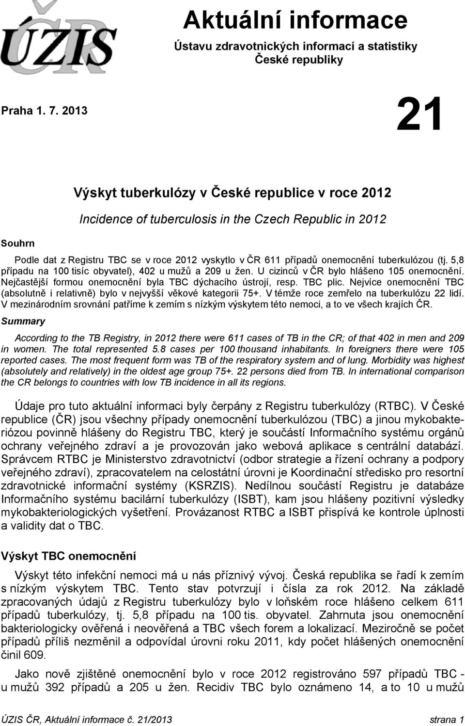 tuberkulózou (tj. 5,8 případu na 100 tisíc ), 402 u mužů a 209 u žen. U cizinců v ČR bylo hlášeno 105 onemocnění. Nejčastější formou onemocnění byla TBC dýchacího ústrojí, resp. TBC plic.