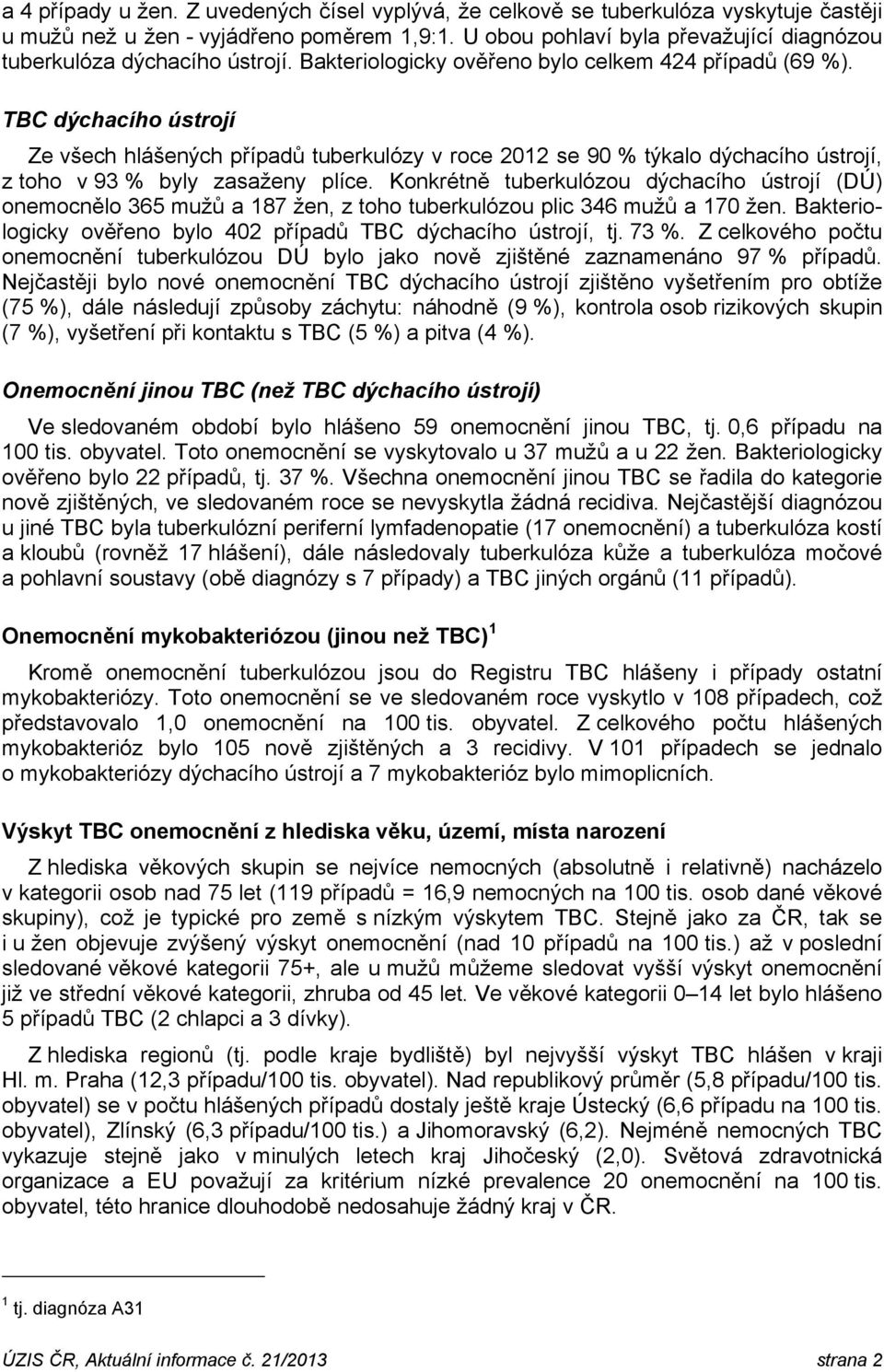 TBC dýchacího ústrojí Ze všech hlášených případů tuberkulózy v roce 2012 se 90 % týkalo dýchacího ústrojí, z toho v 93 % byly zasaženy plíce.