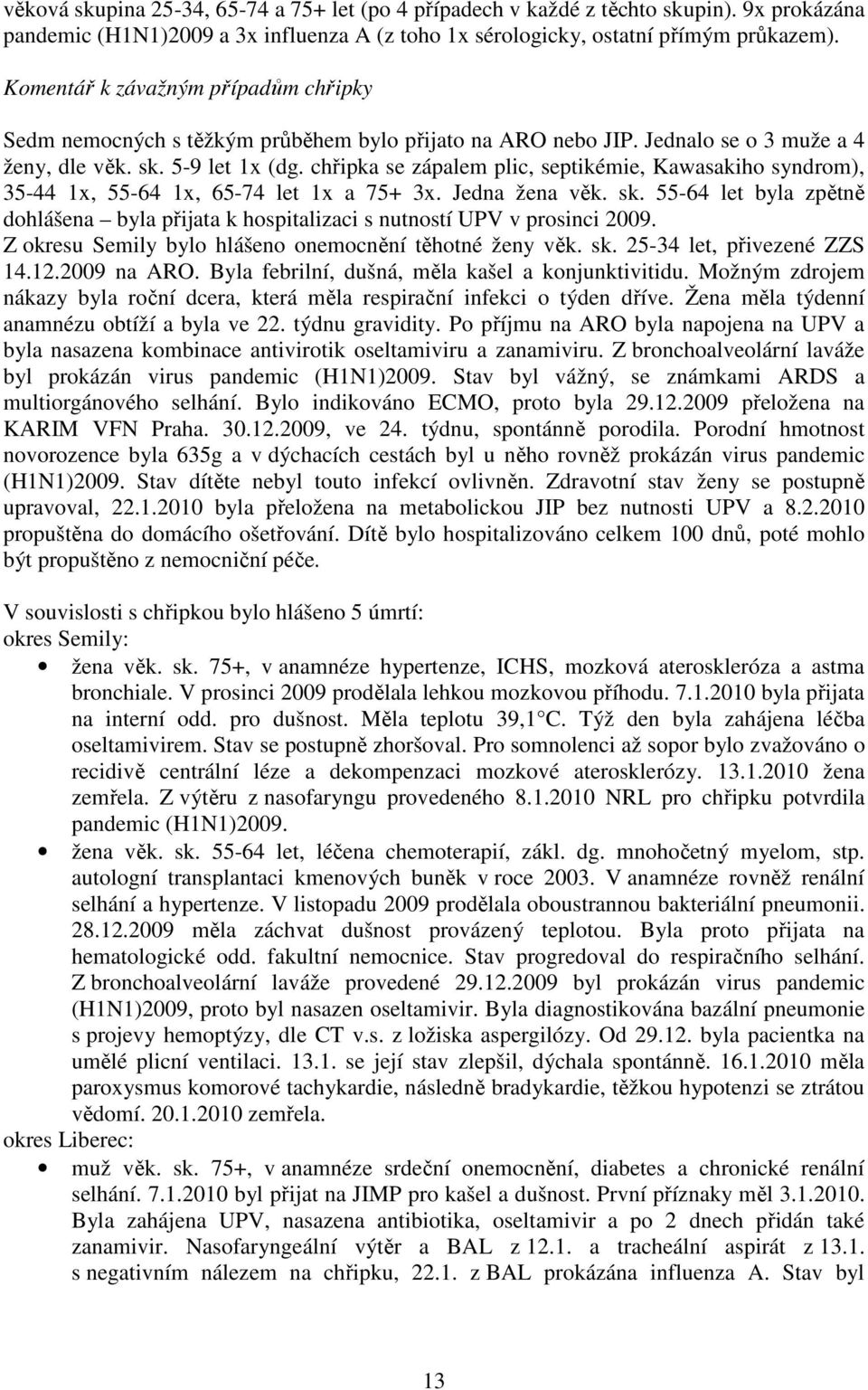 chřipka se zápalem plic, septikémie, Kawasakiho syndrom), 35-44 1x, 55-64 1x, 65-74 let 1x a 75+ 3x. Jedna žena věk. sk.