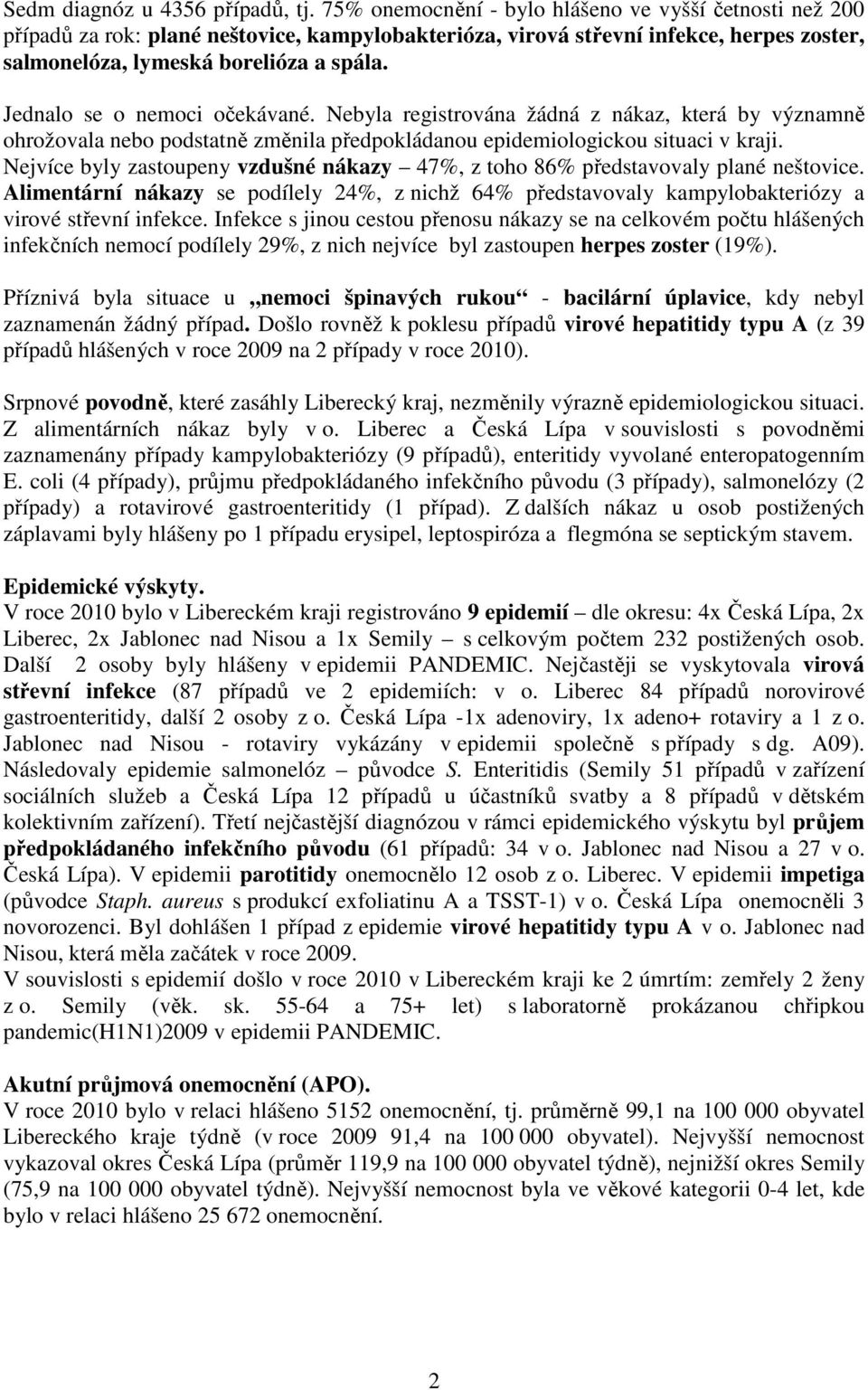Jednalo se o nemoci očekávané. Nebyla registrována žádná z nákaz, která by významně ohrožovala nebo podstatně změnila předpokládanou epidemiologickou situaci v kraji.