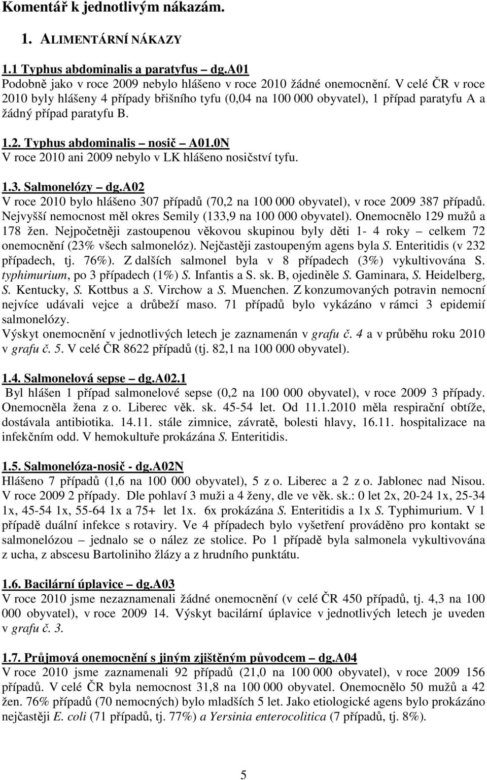 N V roce 21 ani 29 nebylo v LK hlášeno nosičství tyfu. 1.3. Salmonelózy dg.a2 V roce 21 bylo hlášeno 37 případů (7,2 na 1 obyvatel), v roce 29 387 případů.