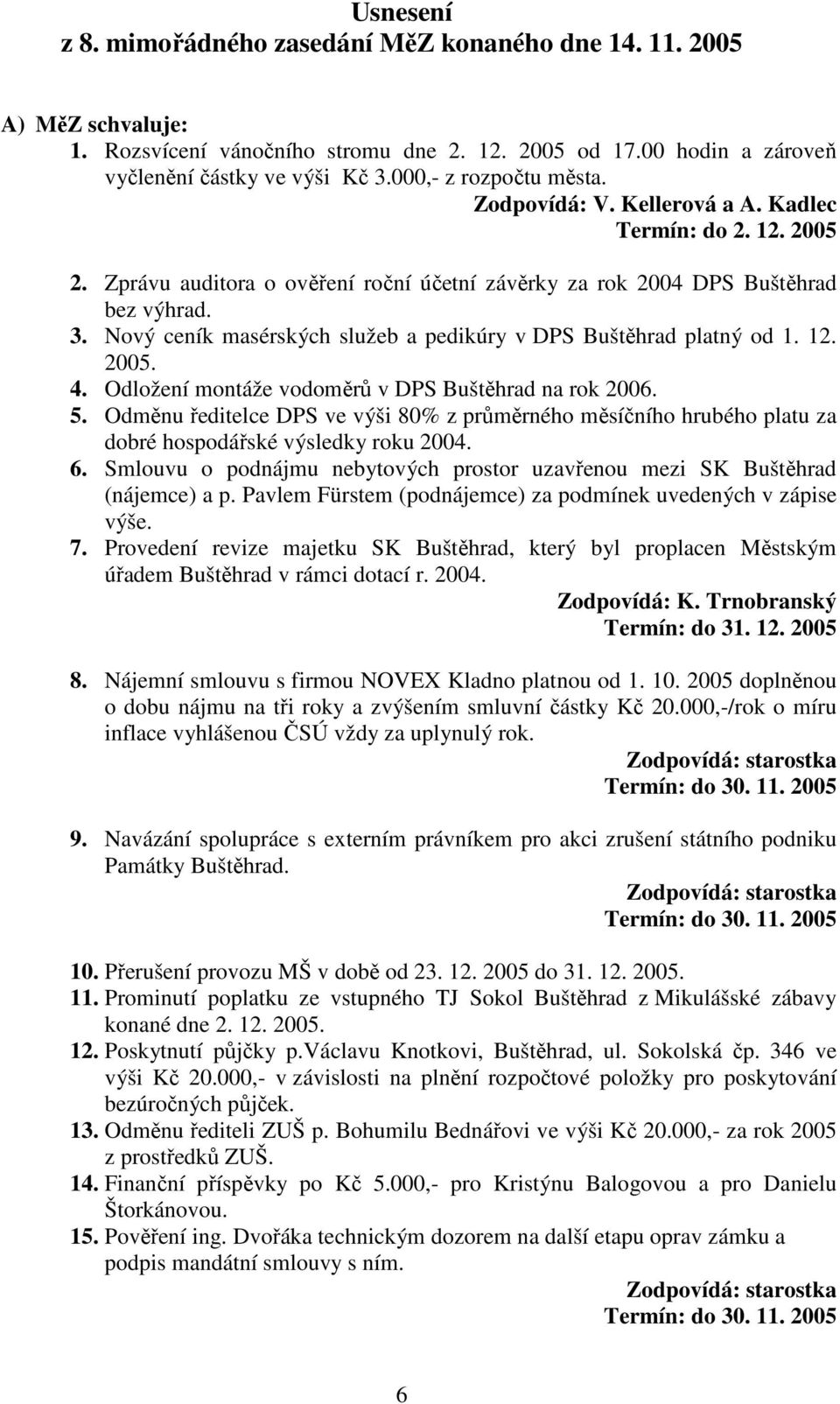 Nový ceník masérských služeb a pedikúry v DPS Buštěhrad platný od 1. 12. 2005. 4. Odložení montáže vodoměrů v DPS Buštěhrad na rok 2006. 5.