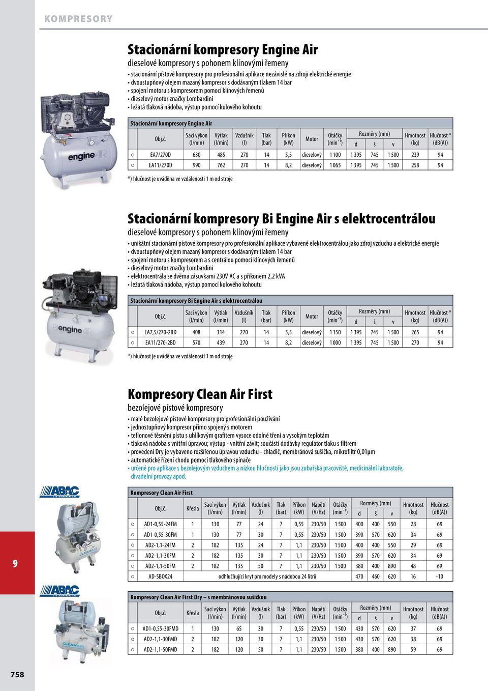 kompresory Bi Engine Air s elektrocentrálou dieselové kompresory s pohonem klínovými řemeny Stacionární kompresory Bi Engine Air s elektrocentrálou Sací výkon Výtlak Vzdušník Tlak Příkon Otáčky