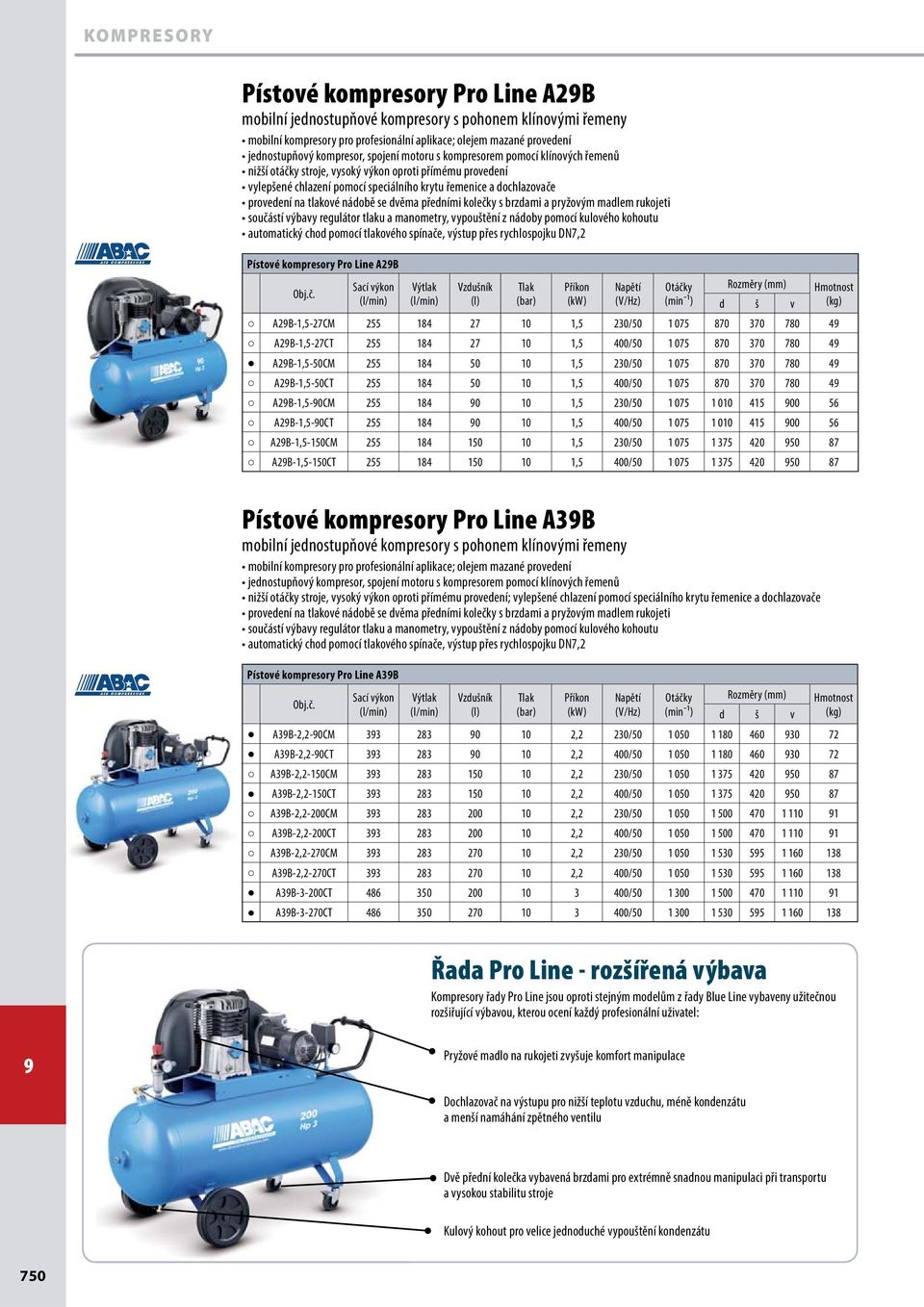230/50 1 010 415 00 56 A2B-1,5-0CT 255 184 0 10 1,5 400/50 1 010 415 00 56 A2B-1,5-150CM 255 184 150 10 1,5 230/50 420 50 A2B-1,5-150CT 255 184 150 10 1,5 400/50 420 50 Pístové kompresory Pro Line
