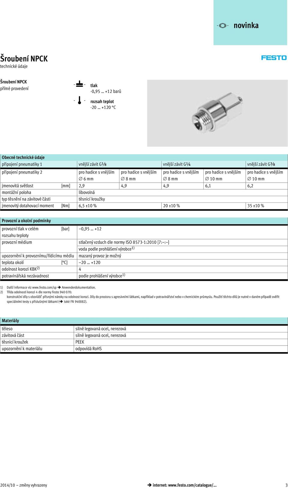 ±10 % Provozní a okolní podmínky provozní tlak v celém [bar] 0,95 +12 rozsahu teploty provozní médium stlačený vzduch dle normy ISO 8573-1:2010 [7: : ] voda podle prohlášení výrobce 1) upozornění k