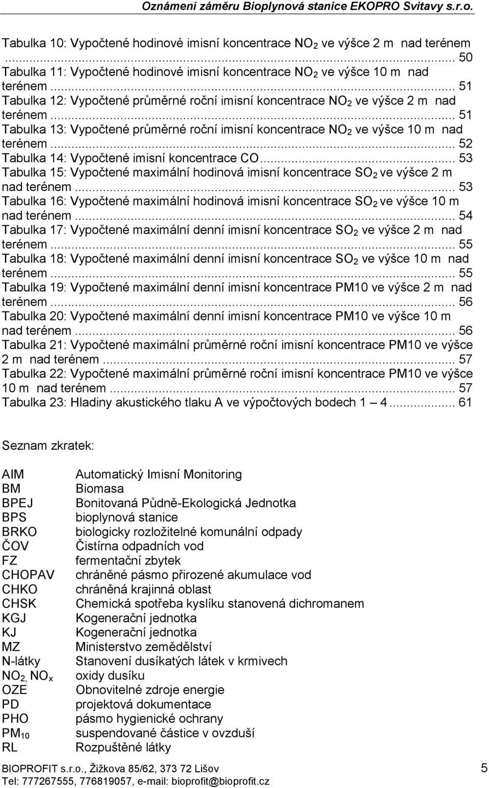 .. 52 Tabulka 14: Vypočtené imisní koncentrace CO... 53 Tabulka 15: Vypočtené maximální hodinová imisní koncentrace SO 2 ve výšce 2 m nad terénem.