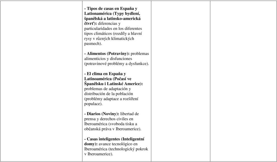 - El clima en Espaňa y Latinoamérica (Počasí ve Španělsku i Latinské Americe): problemas de adaptación y distribución de la población (problémy adaptace a rozšíření populace).