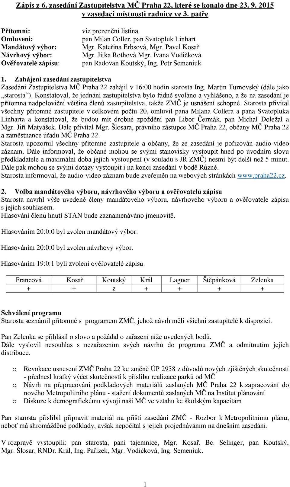 Jitka Rothová Mgr. Ivana Vodičková pan Radovan Koutský, Ing. Petr Semeniuk 1. Zahájení zasedání zastupitelstva Zasedání Zastupitelstva MČ Praha 22 zahájil v 16:00 hodin starosta Ing.