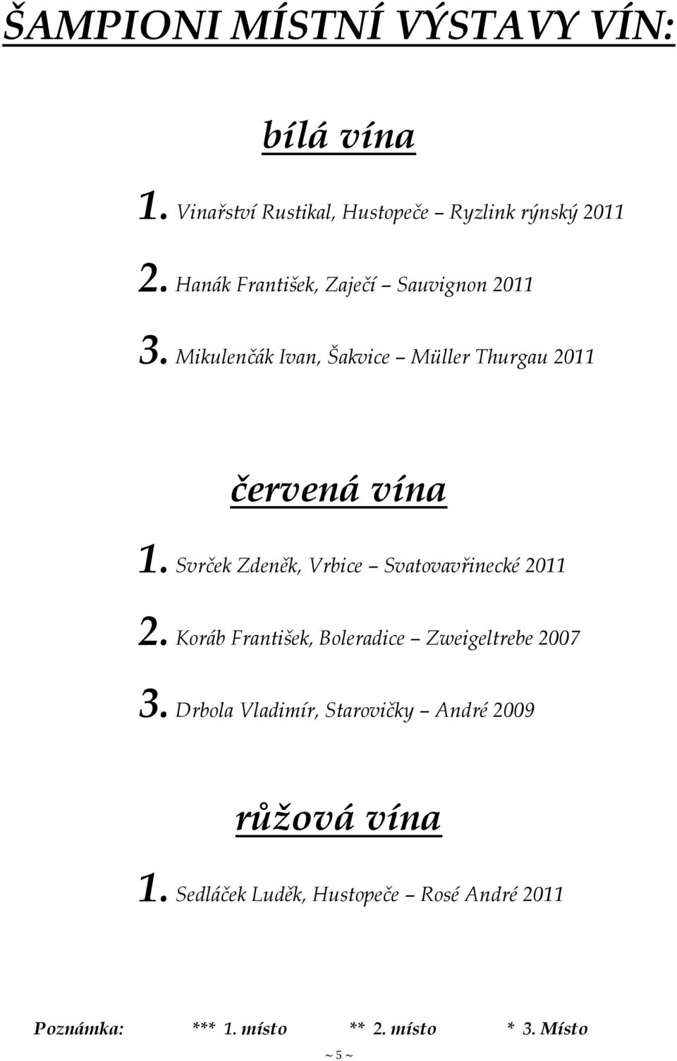 Zdeněk, Vrbice Svatovavřinecké 2011 Koráb František, Boleradice Zweigeltrebe 2007 Drbola Vladimír,