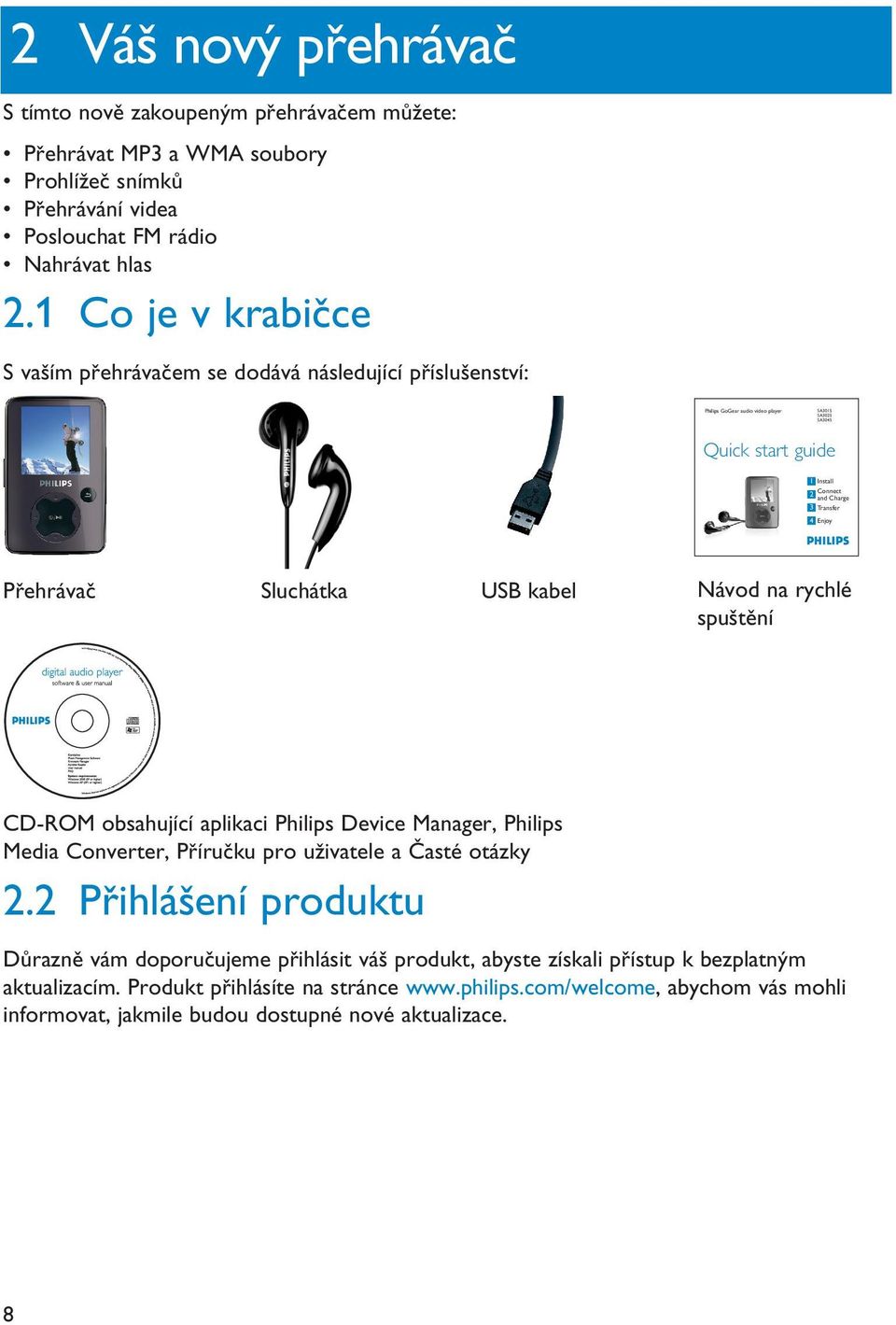 Enjoy Přehrávač Sluchátka USB kabel Návod na rychlé spuštění CD-ROM obsahující aplikaci Philips Device Manager, Philips Media Converter, Příručku pro uživatele a Časté otázky 2.