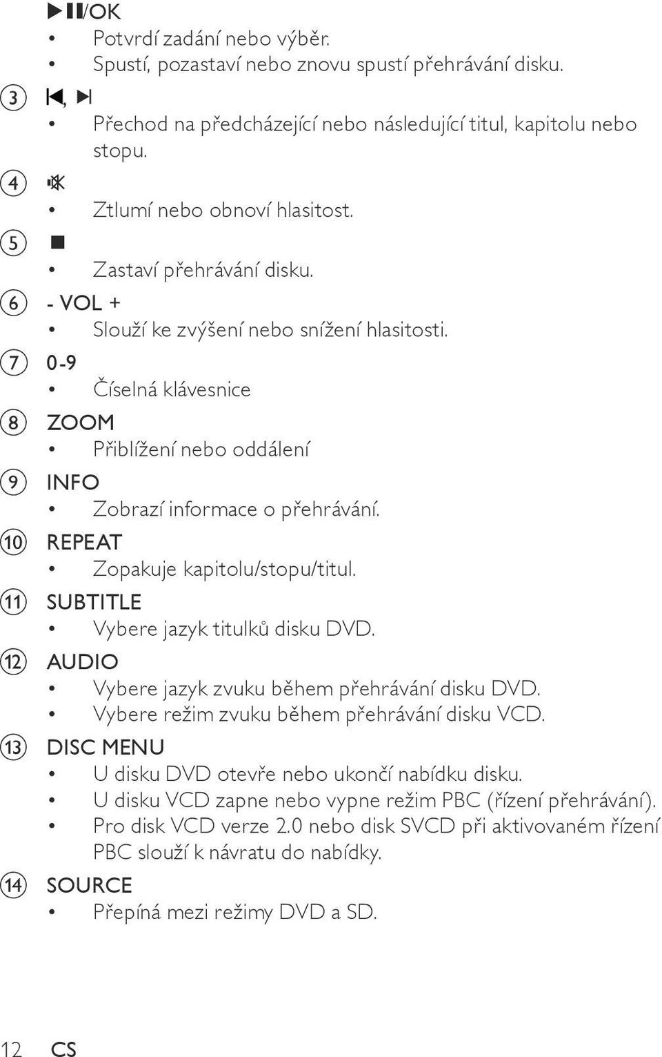 j REPEAT Zopakuje kapitolu/stopu/titul. k SUBTITLE Vybere jazyk titulků disku DVD. l AUDIO Vybere jazyk zvuku během přehrávání disku DVD. Vybere režim zvuku během přehrávání disku VCD.