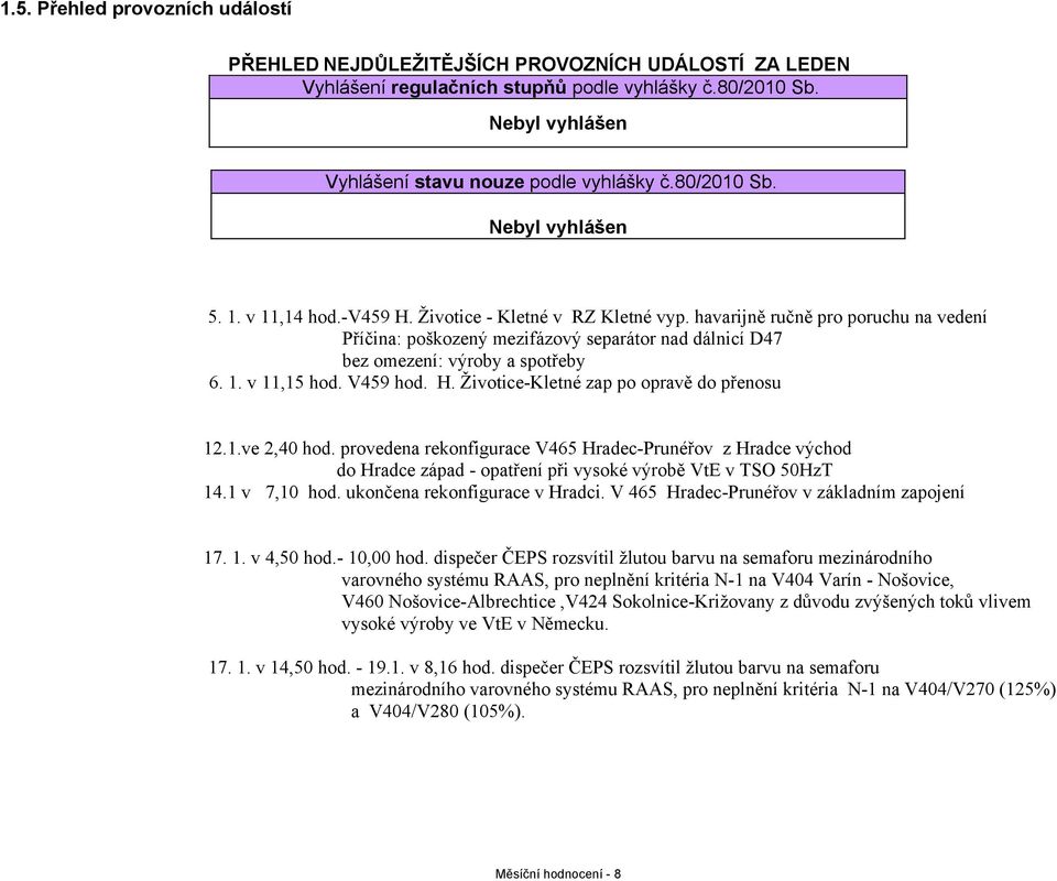 V459 hod. H. Životice-Kletné zap po opravě do přenosu 12.1.ve 2,40 hod. provedena rekonfigurace V465 Hradec-Prunéřov z Hradce východ do Hradce západ - opatření při vysoké výrobě VtE v TSO 50HzT 14.