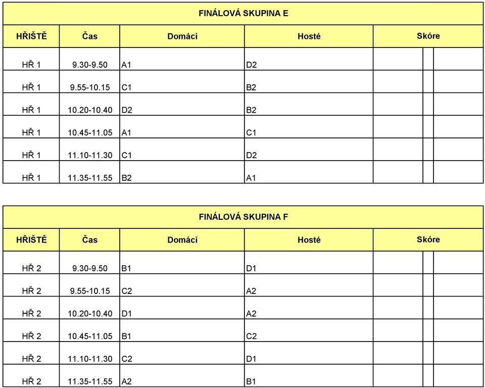 55 B2 A1 FINÁLOVÁ SKUPINA F HŘ 2 9.30-9.50 B1 D1 HŘ 2 9.55-10.