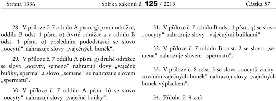 31. V příloze č. 7 oddílu B odst. 1 písm. q) se slovo oocyty nahrazuje slovy vaječnými buňkami. 32. V příloze č. 7 oddílu B odst. 2 se slovo semene nahrazuje slovem spermatu. 33. V příloze č. 8 odst.