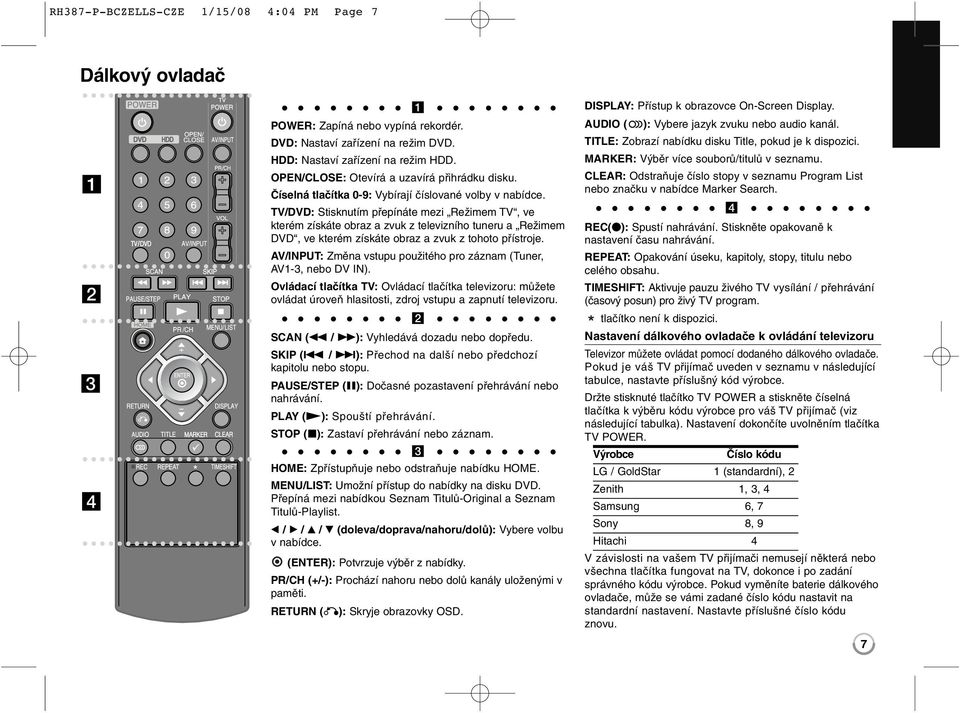 TV/DVD: Stisknutím přepínáte mezi Režimem TV, ve kterém získáte obraz a zvuk z televizního tuneru a Režimem DVD, ve kterém získáte obraz a zvuk z tohoto přístroje.