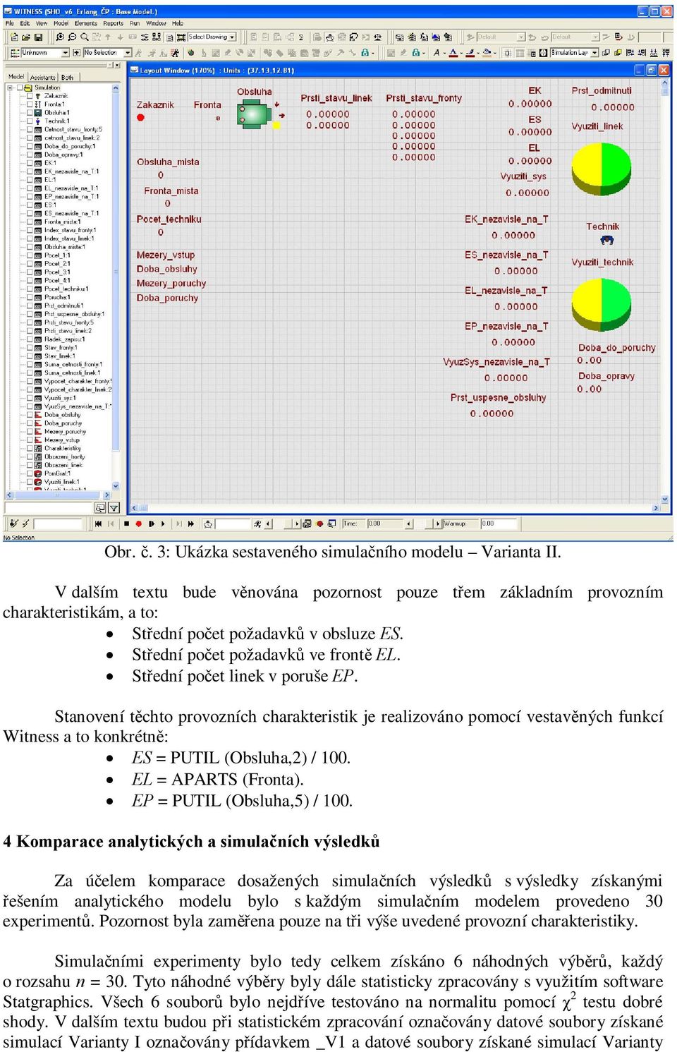 Stanovení těchto provozních charakteristik je realizováno pomocí vestavěných funkcí Witness a to konkrétně: ES = PUTIL (Obsluha,2) / 100. EL = APARTS (Fronta). EP = PUTIL (Obsluha,5) / 100.