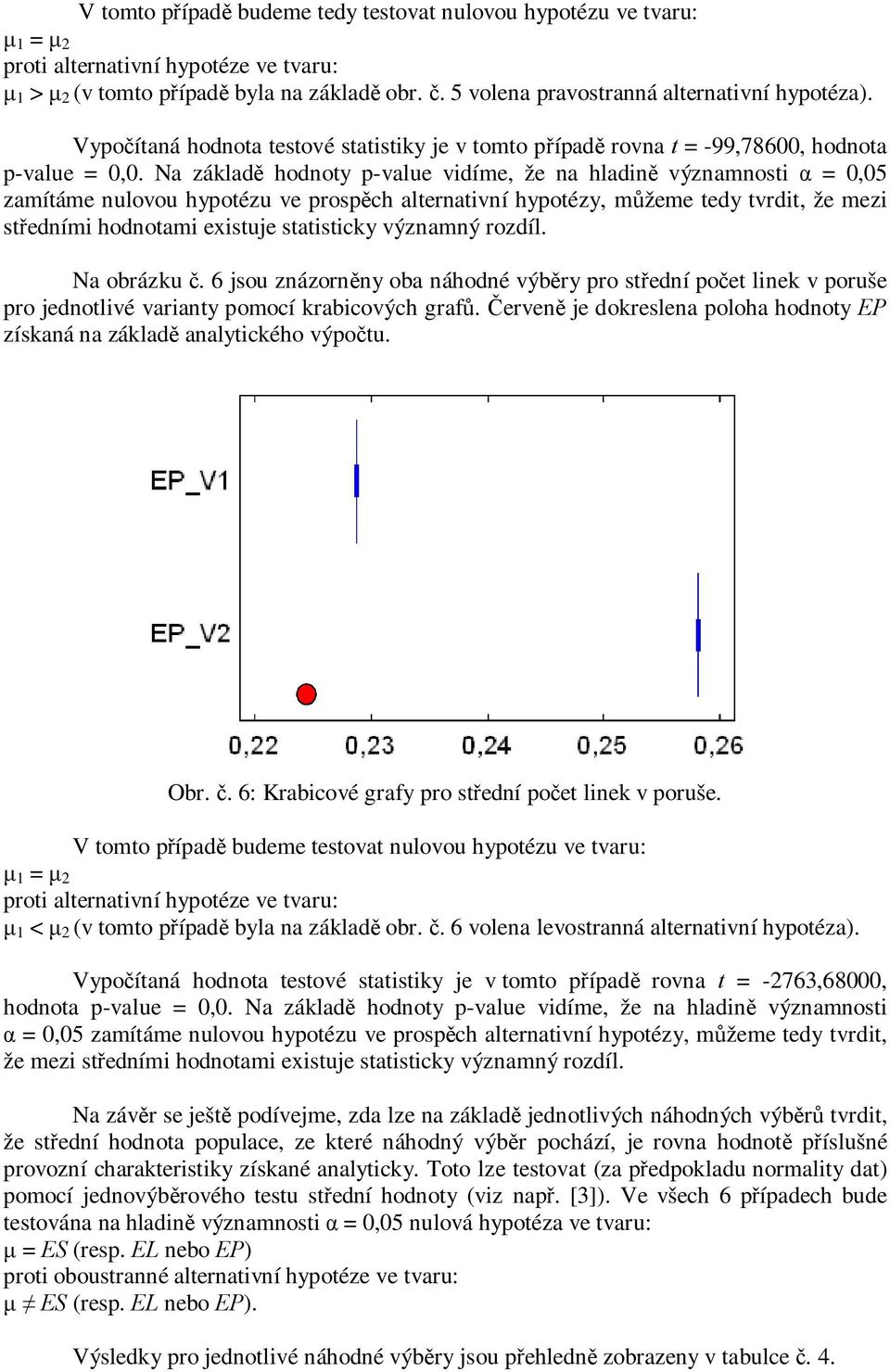 Na základě hodnoty p-value vidíme, že na hladině významnosti α = 0,05 zamítáme nulovou ve prospěch alternativní hypotézy, můžeme tedy tvrdit, že mezi středními hodnotami existuje statisticky významný