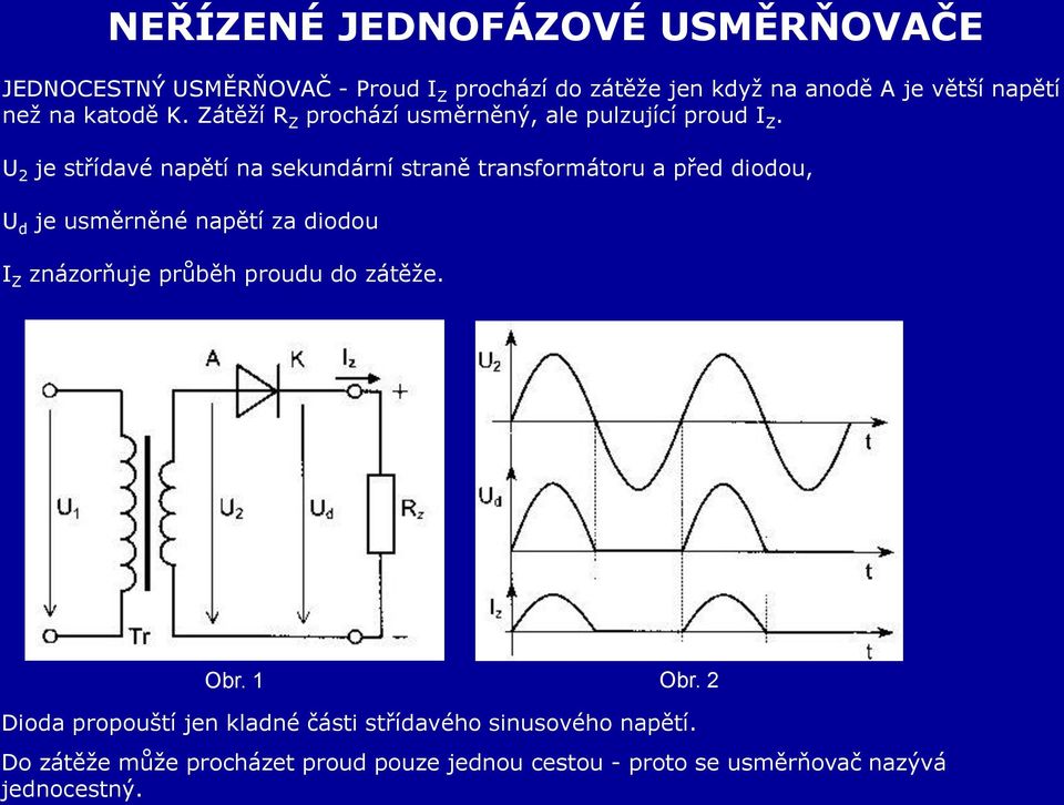 U 2 je střídavé napětí na sekundární straně transformátoru a před diodou, U d je usměrněné napětí za diodou I Z znázorňuje