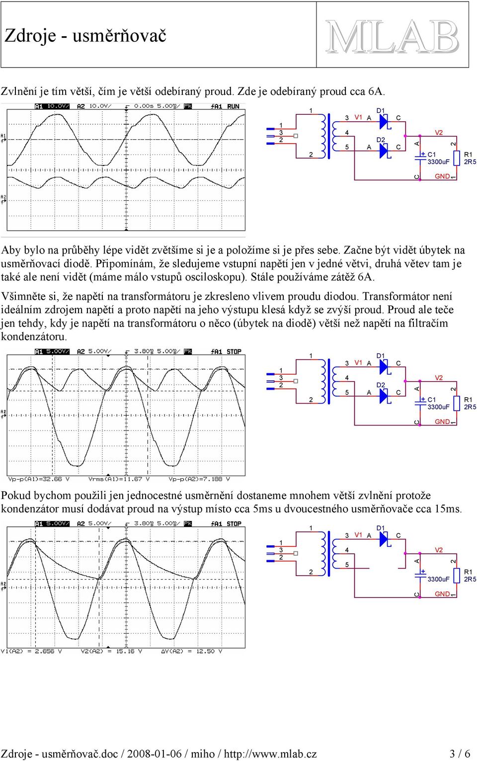 Všimněte si, že napětí na transformátoru je zkresleno vlivem proudu diodou. Transformátor není ideálním zdrojem napětí a proto napětí na jeho výstupu klesá když se zvýší proud.