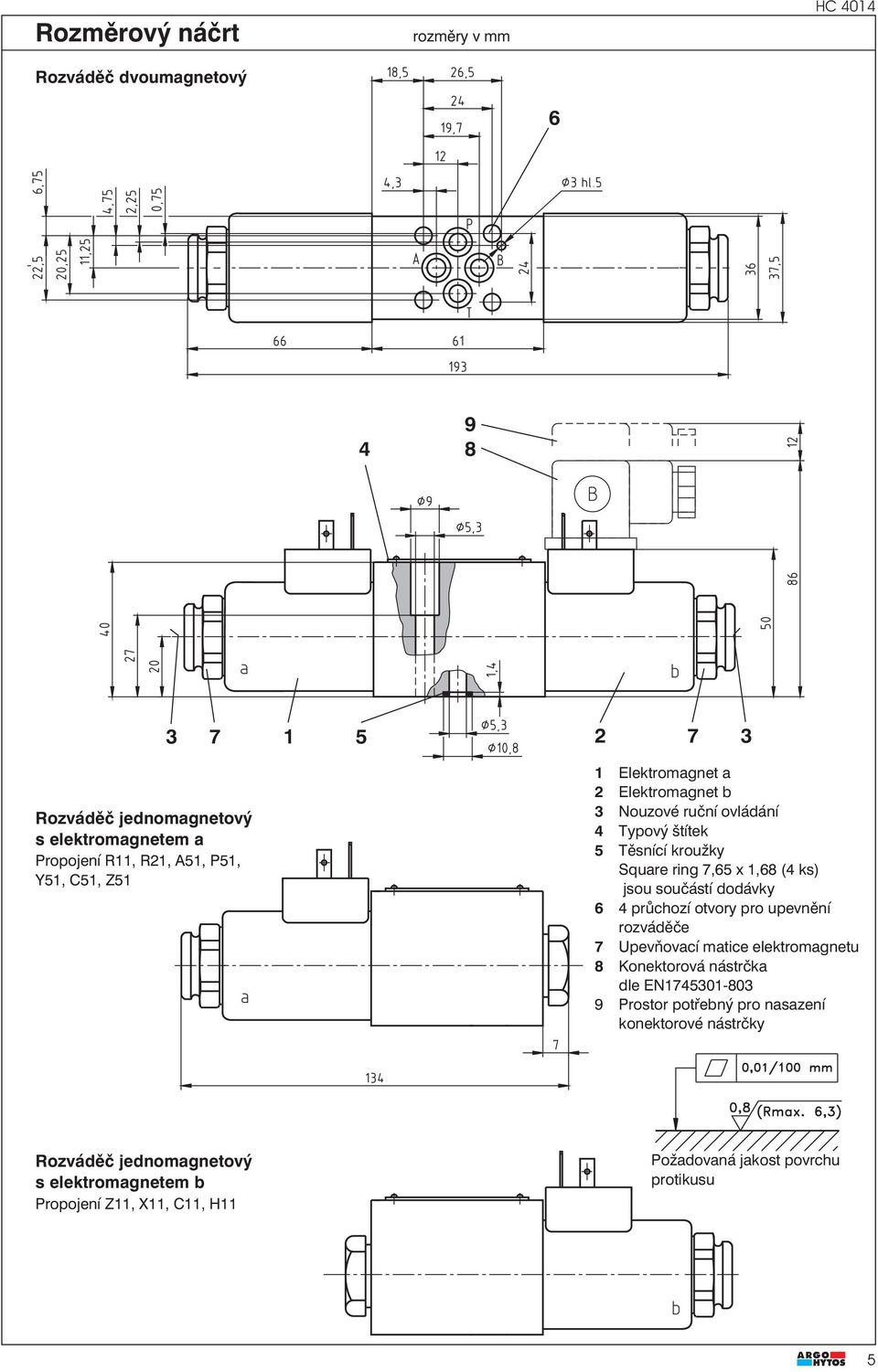 jsou součástí dodávky 6 4 průchozí otvory pro upevnění rozváděče 7 Upevňovací matice elektromagnetu 8 Konektorová nástrčka dle EN1745301-803 9