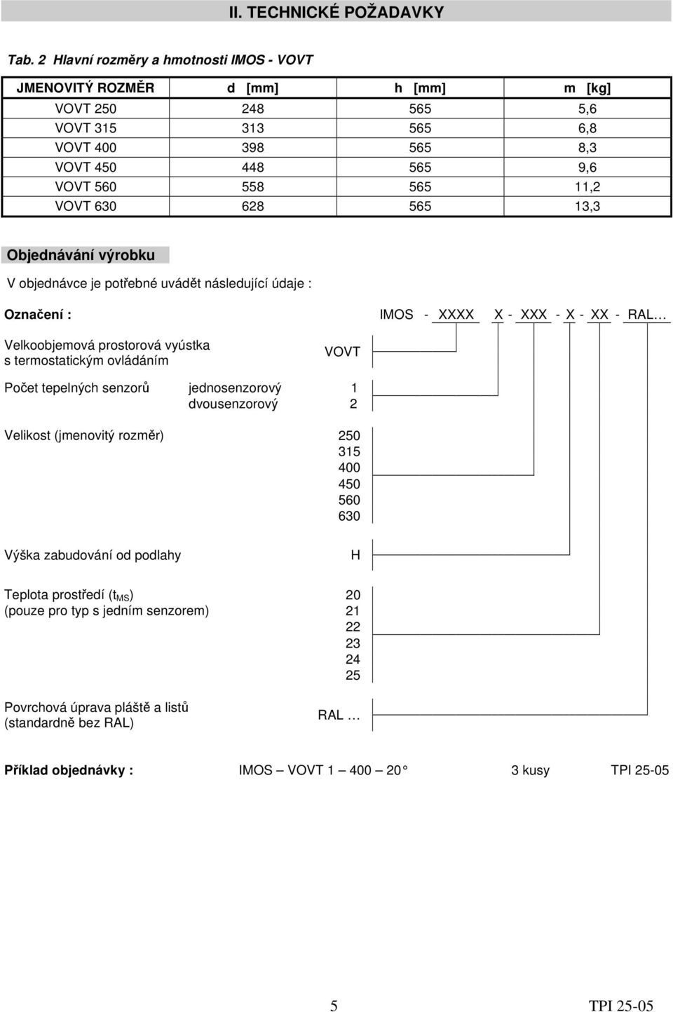 VOVT 630 628 565 13,3 Objednávání výrobku V objednávce je potřebné uvádět následující údaje : Označení : IMOS - XXXX X - XXX - X - XX - RAL Velkoobjemová prostorová vyústka s