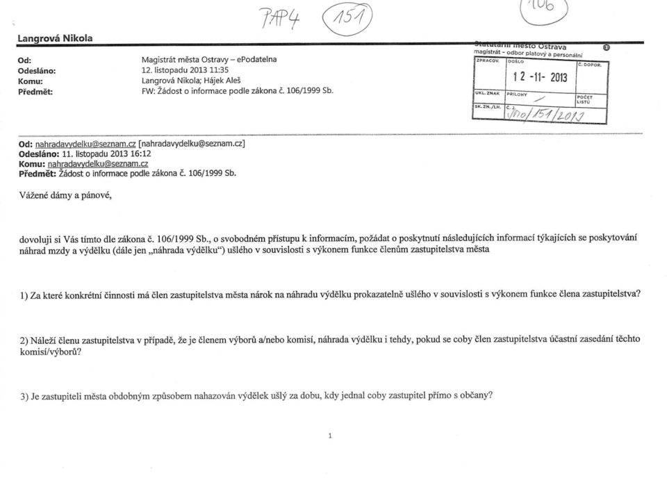 cz Pledmdt: Zadost o informace podle zakona c. 106/1999 Sb.