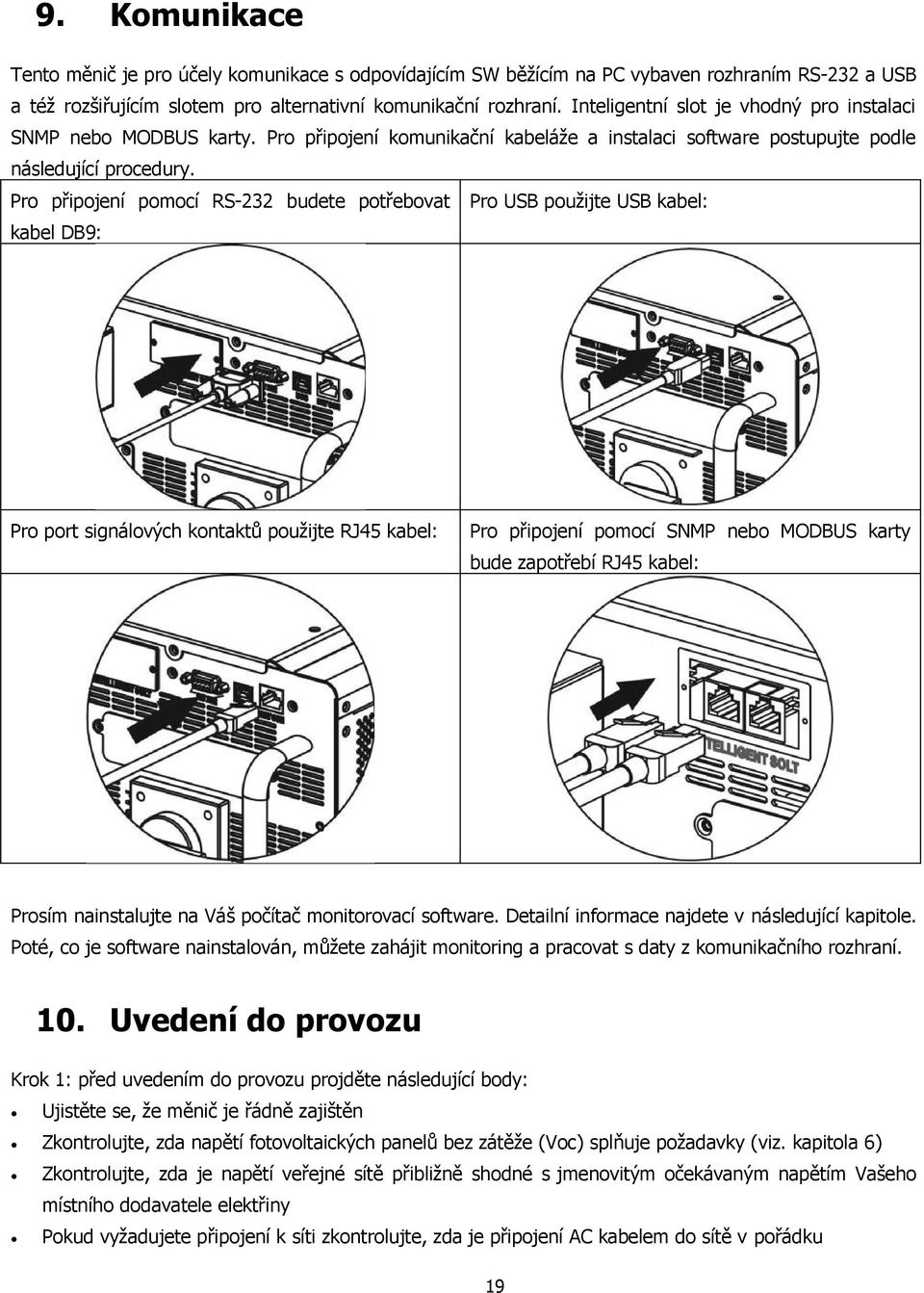 Pro připojení pomocí RS-232 budete potřebovat Pro USB použijte USB kabel: kabel DB9: Pro port signálových kontaktů použijte RJ45 kabel: Pro připojení pomocí SNMP nebo MODBUS karty bude zapotřebí RJ45