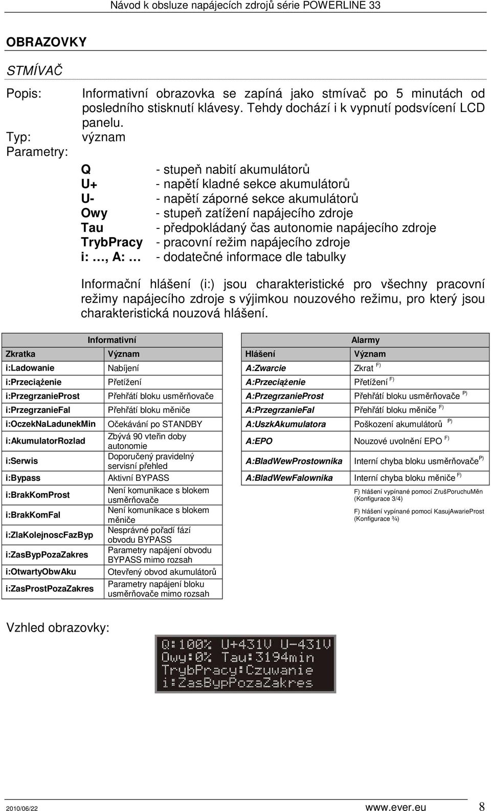 zdroje TrybPracy - pracovní režim napájecího zdroje i:, A: - dodatečné informace dle tabulky Informační hlášení (i:) jsou charakteristické pro všechny pracovní režimy napájecího zdroje s výjimkou