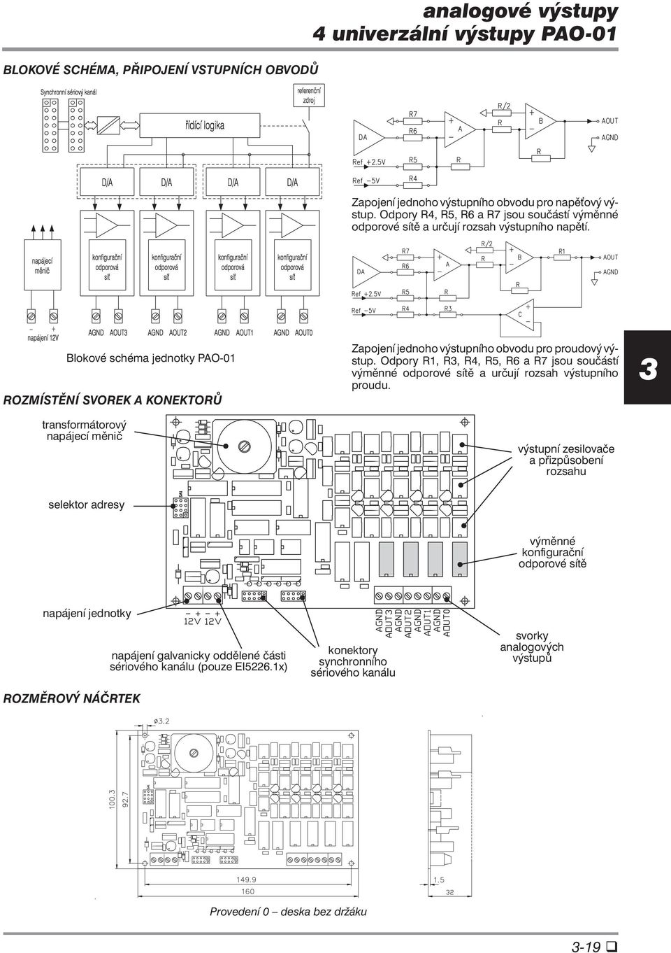Blokové schéma jednotky PAO-01 ROZMÍSTĚNÍ SVOREK A KONEKTORŮ transformátorový napájecí měnič Zapojení jednoho výstupního obvodu pro proudový výstup.