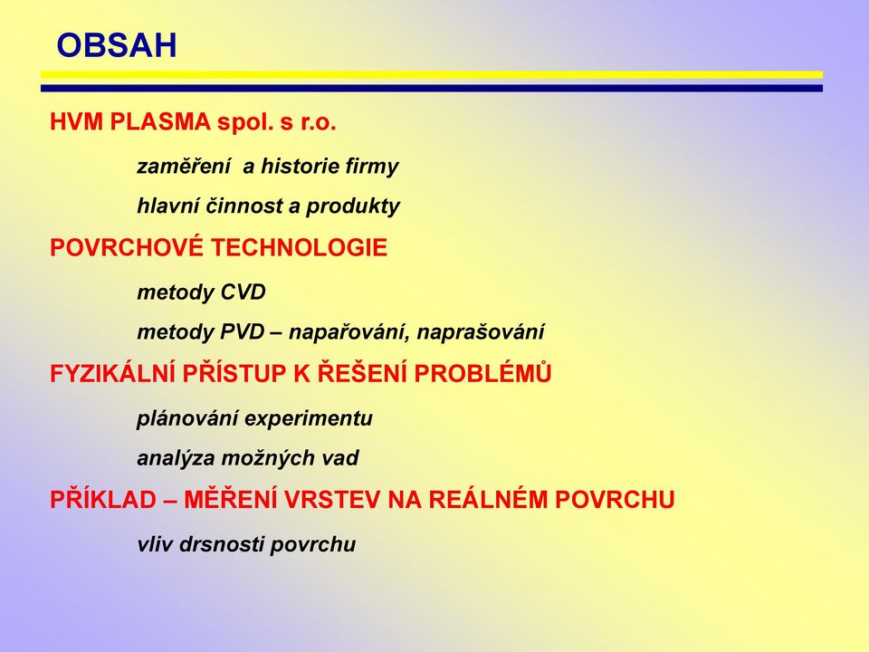 zaměření a historie firmy hlavní činnost a produkty POVRCHOVÉ