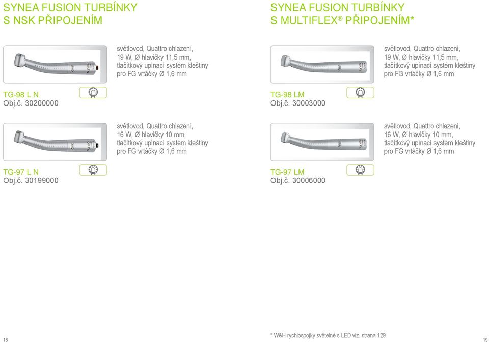 y 11,5 mm, tlačítkový upínací systém kleštiny pro FG vrtáčky Ø 1,6 mm TG-98 LM Obj.č. 30003000 světlovod, Quattro chlazení, 19 W, Ø hlavičky 11,5 mm, tlačítkový upínací systém kleštiny pro FG vrtáčky Ø 1,6 mm TG-97 L N Obj.