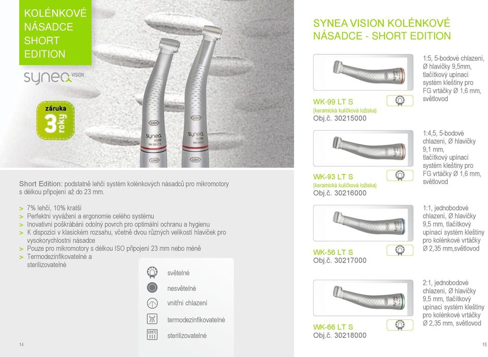 30215000 1:5, 5-bodové chlazení, Ø hlavičky 9,5mm, tlačítkový upínací systém kleštiny pro FG vrtáčky Ø 1,6 mm, světlovod Short Edition: podstatně lehčí systém kolénkových násadců pro mikromotory s