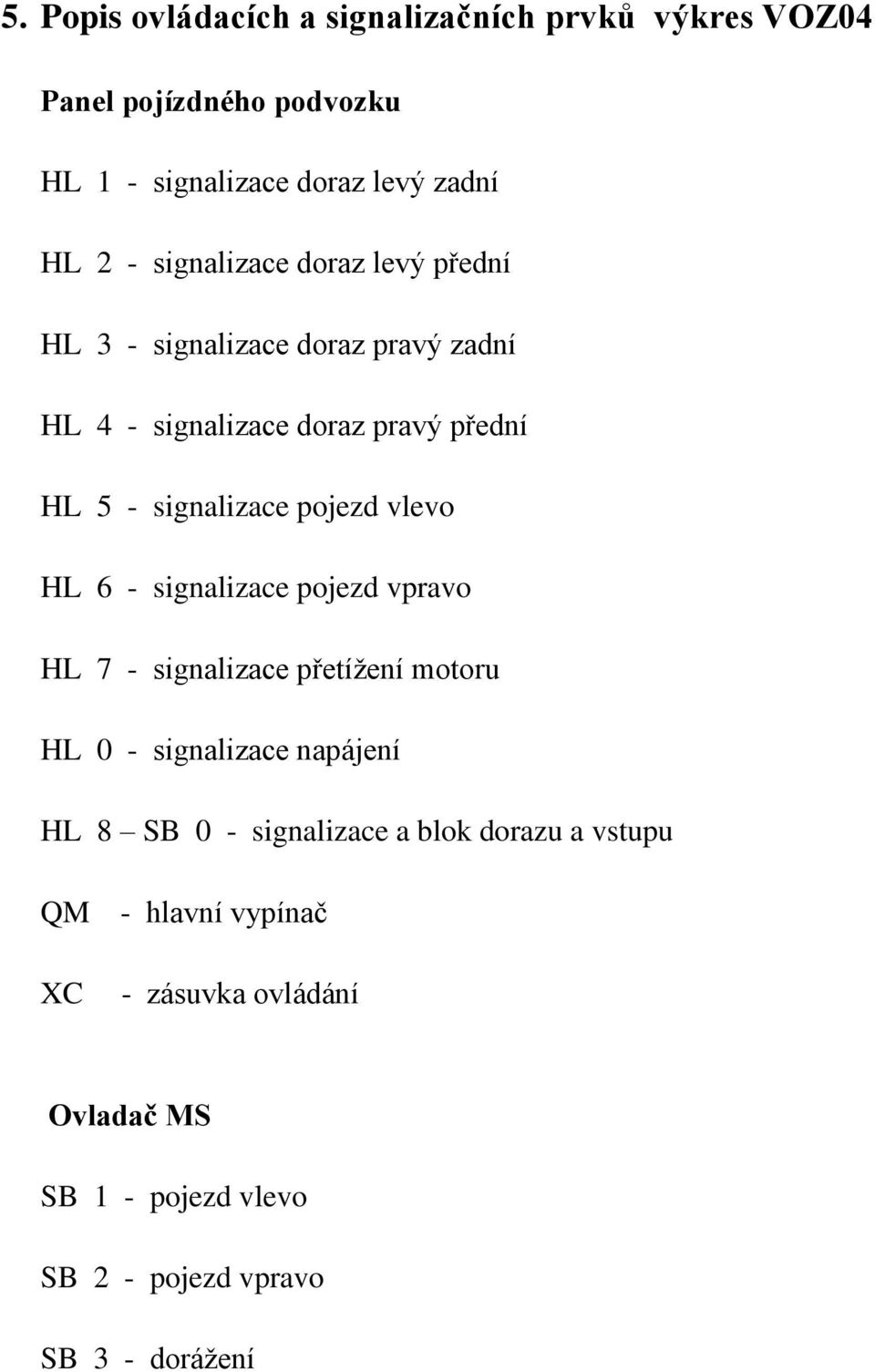 pojezd vlevo HL 6 - signalizace pojezd vpravo HL 7 - signalizace přetížení motoru HL 0 - signalizace napájení HL 8 SB 0 -