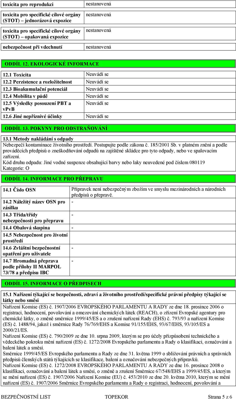 5 Výsledky posouzení PBT a Neuvádí se vpvb 12.6 Jiné nepříznivé účinky Neuvádí se ODDÍL 13. POKYNY PRO ODSTRAŇOVÁNÍ 13.1 Metody nakládání s odpady Nebezpečí kontaminace životního.