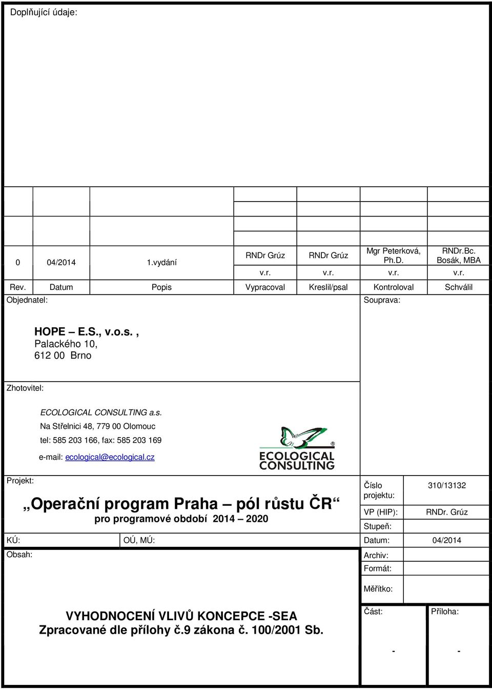cz Projekt: Operační program Praha pól růstu ČR pro programové období 2014 2020 Číslo projektu: VP (HIP): Stupeň: 310/13132 RNDr.
