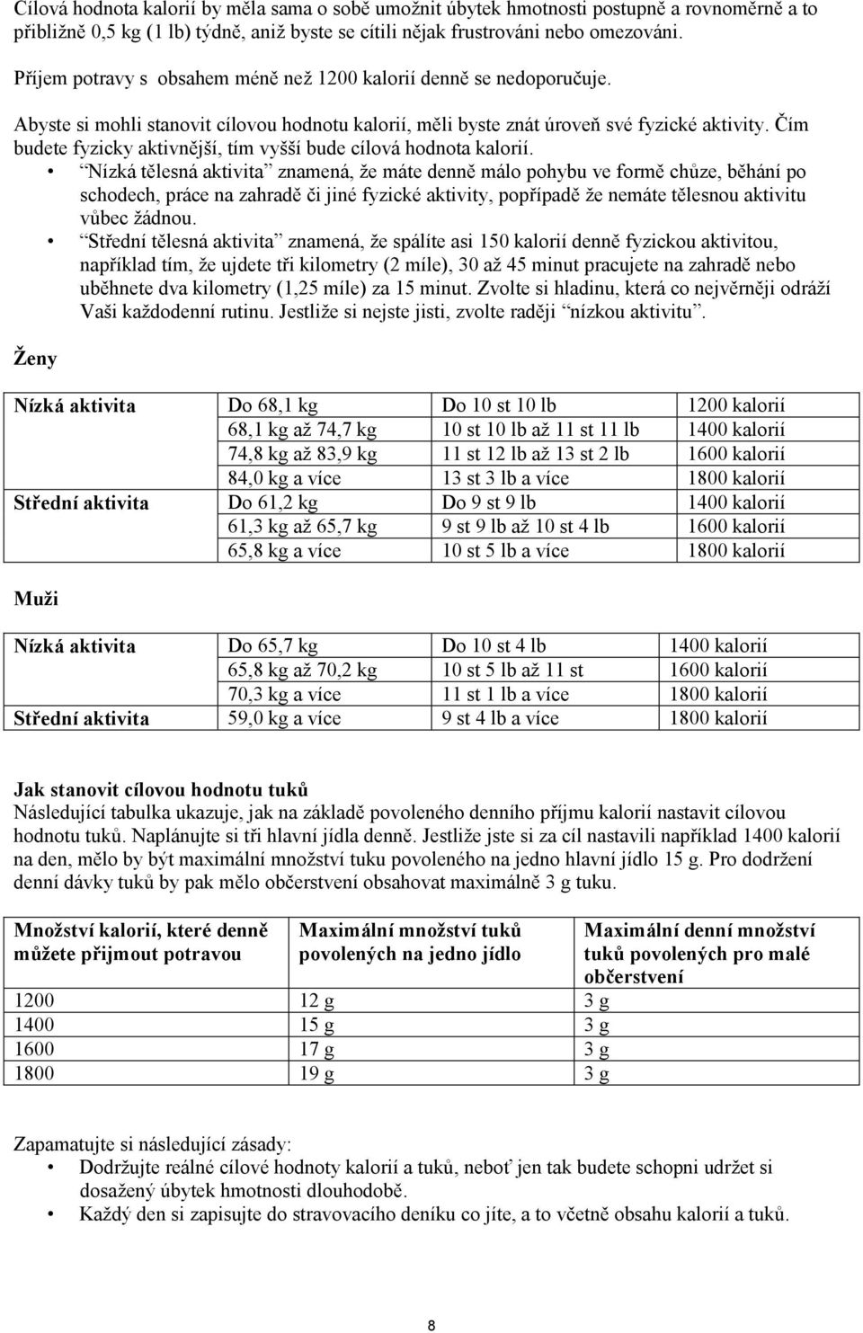 Čím budete fyzicky aktivnější, tím vyšší bude cílová hodnota kalorií.