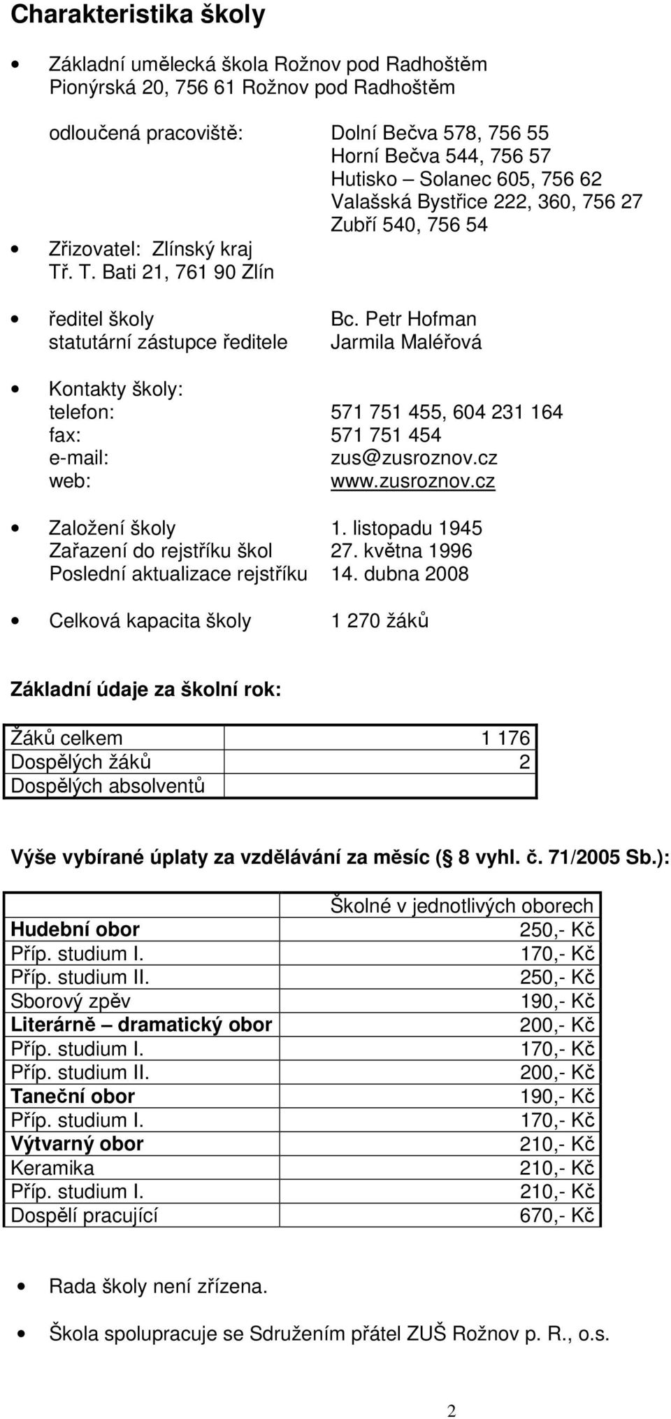 Petr Hofman statutární zástupce ředitele Jarmila Maléřová Kontakty školy: telefon: 571 751 455, 604 231 164 fax: 571 751 454 e-mail: zus@zusroznov.cz web: www.zusroznov.cz Založení školy 1.